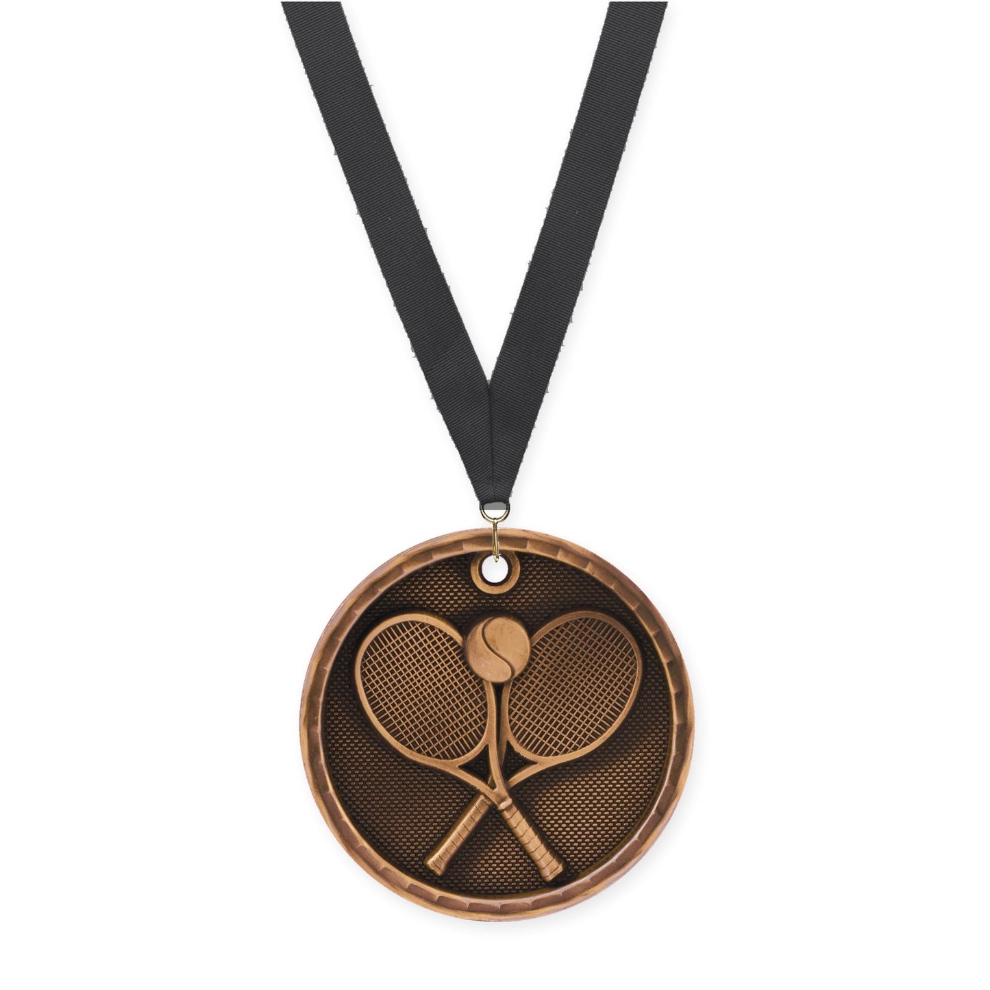 2 inch tennis 3-D medal in antique bronze with Black neck ribbon