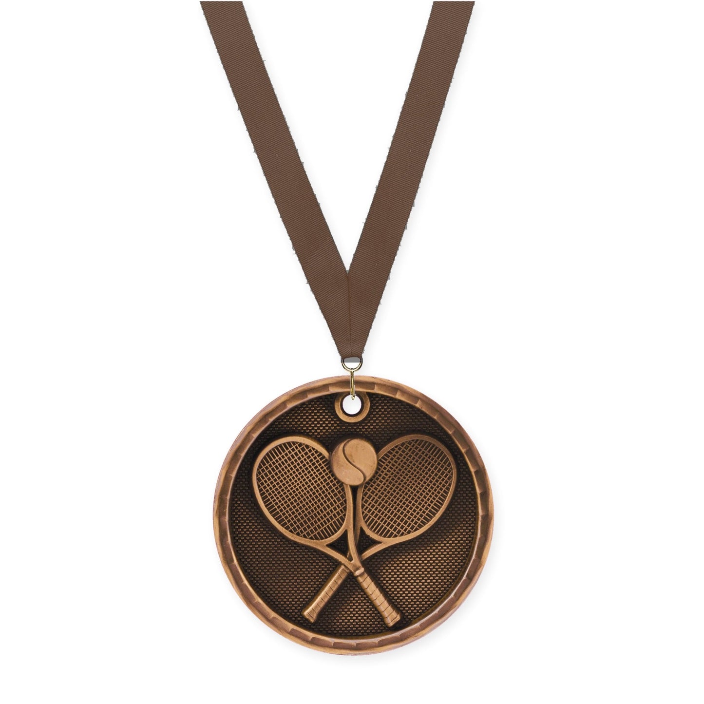 2 inch tennis 3-D medal in antique bronze with Brown neck ribbon