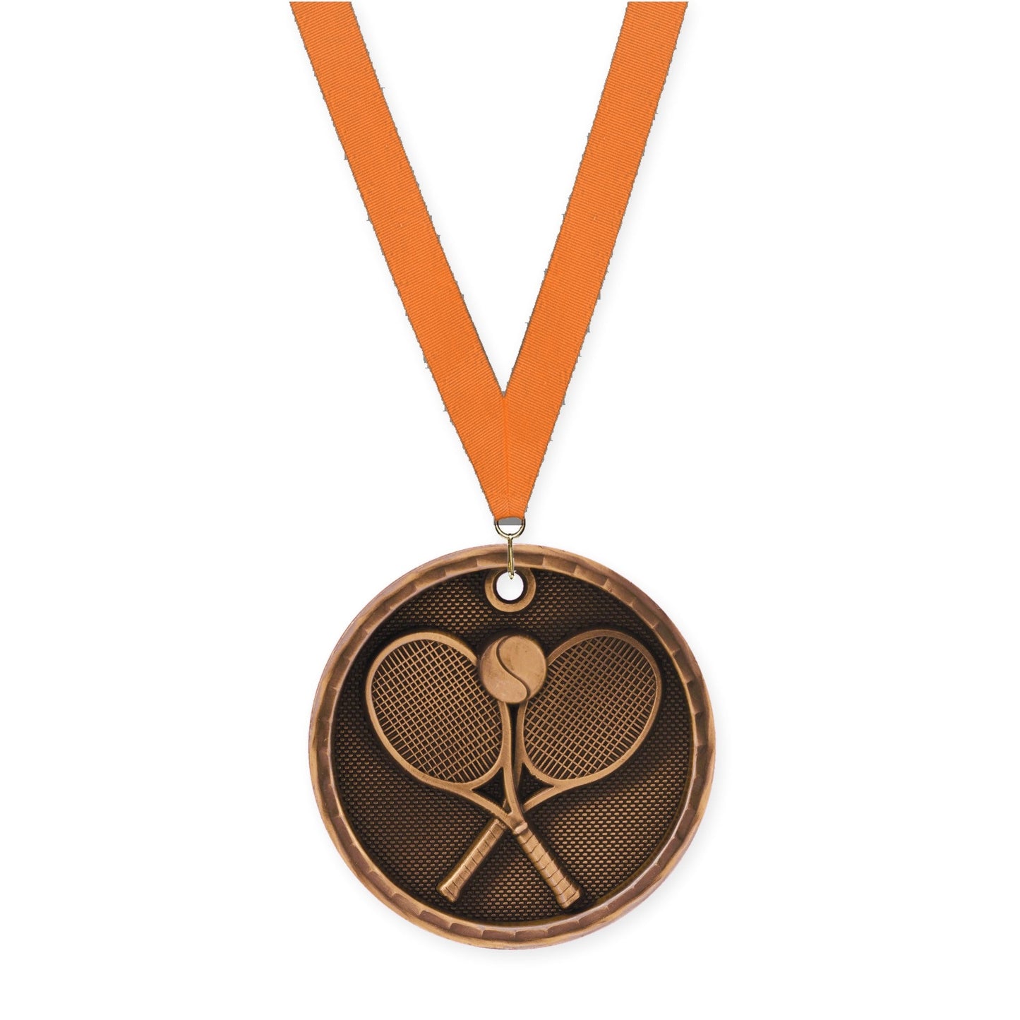 2 inch tennis 3-D medal in antique bronze with Orange neck ribbon
