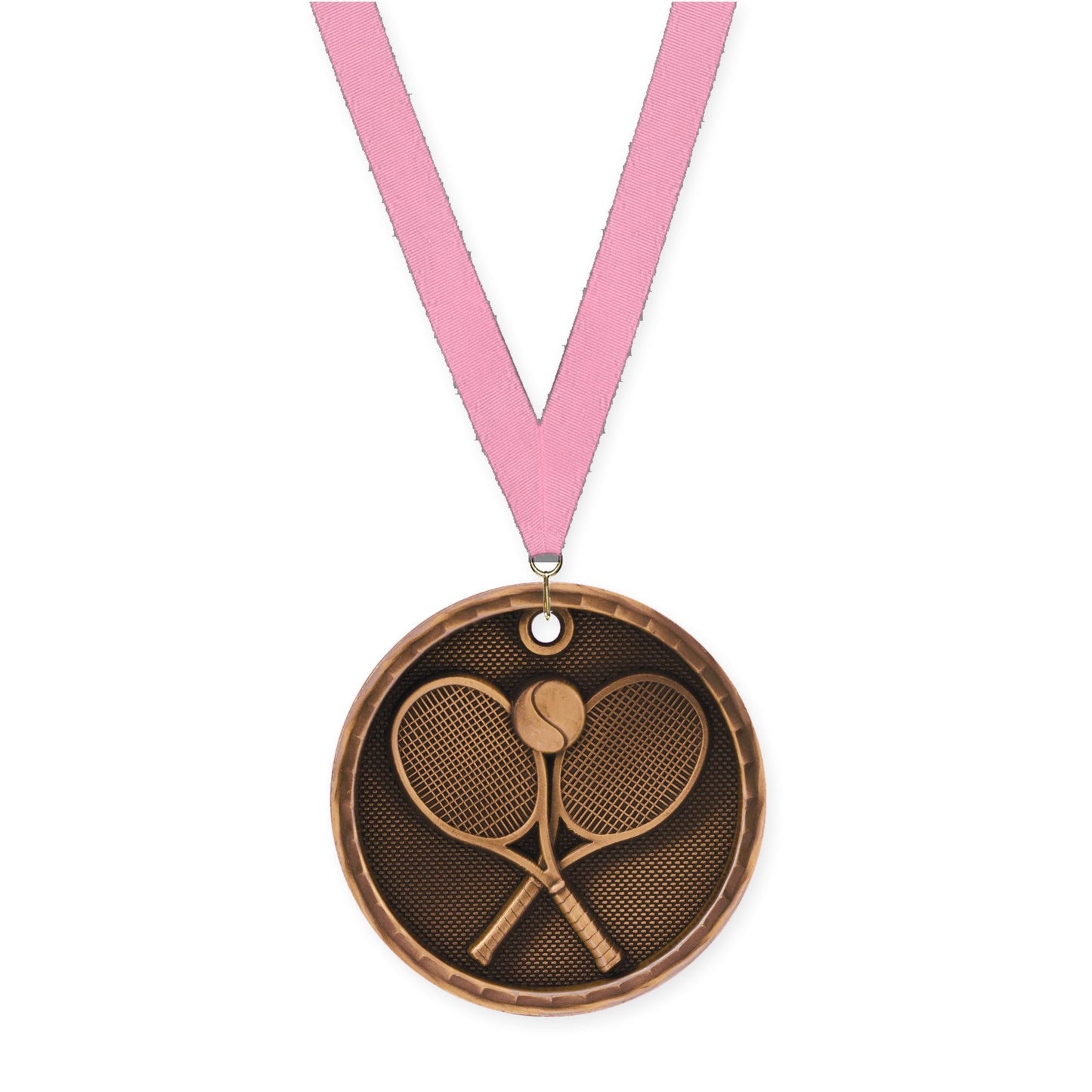 2 inch tennis 3-D medal in antique bronze with Pink neck ribbon