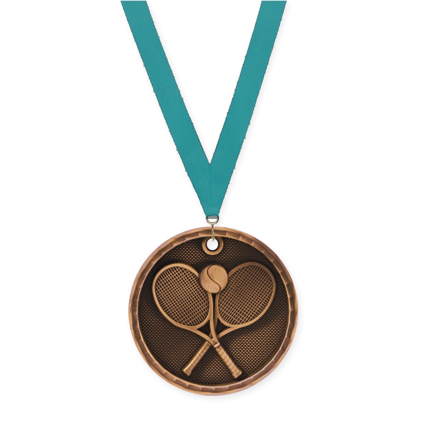 2 inch tennis 3-D medal in antique bronze with Teal neck ribbon