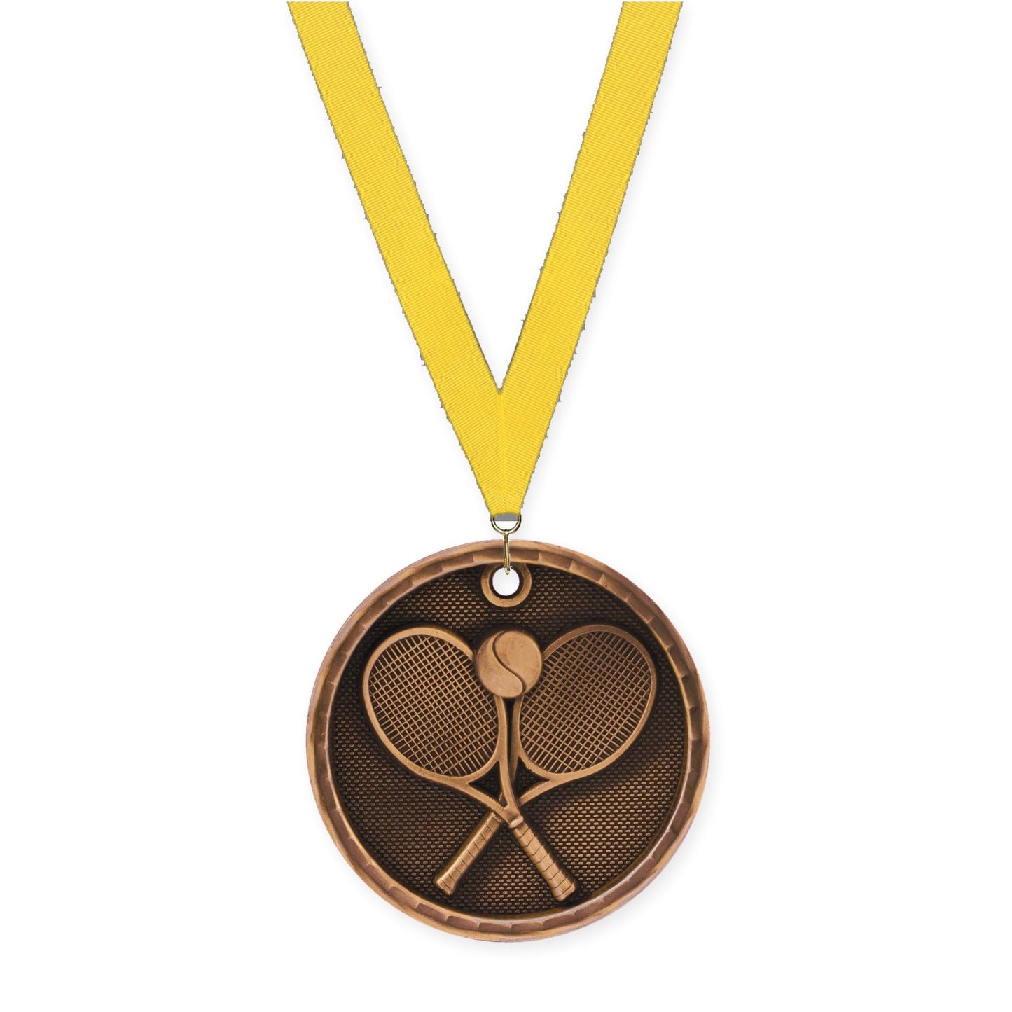 2 inch tennis 3-D medal in antique bronze with Yellow neck ribbon