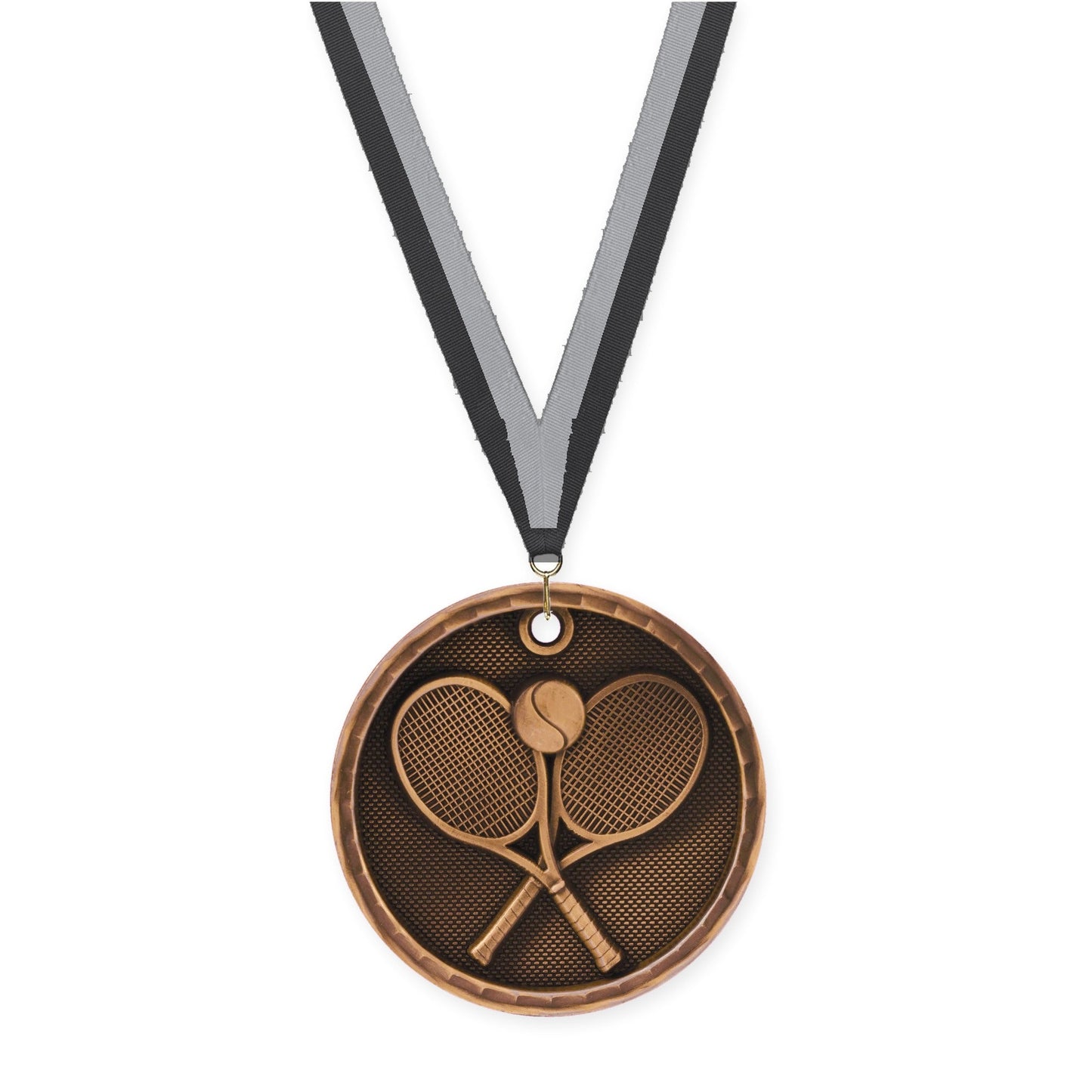 2 inch tennis 3-D medal in antique bronze with Black Gray neck ribbon