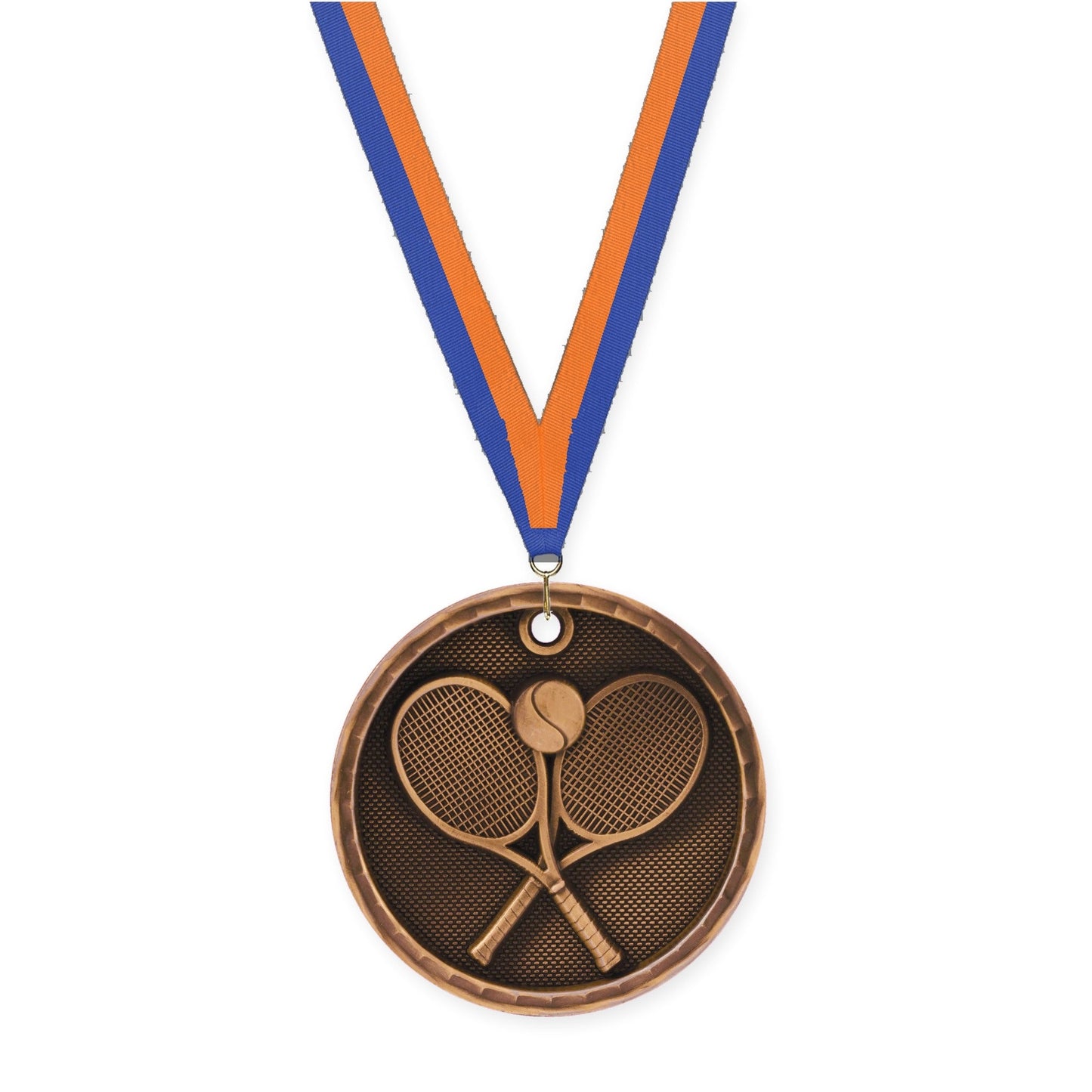 2 inch tennis 3-D medal in antique bronze with Blue Orange neck ribbon