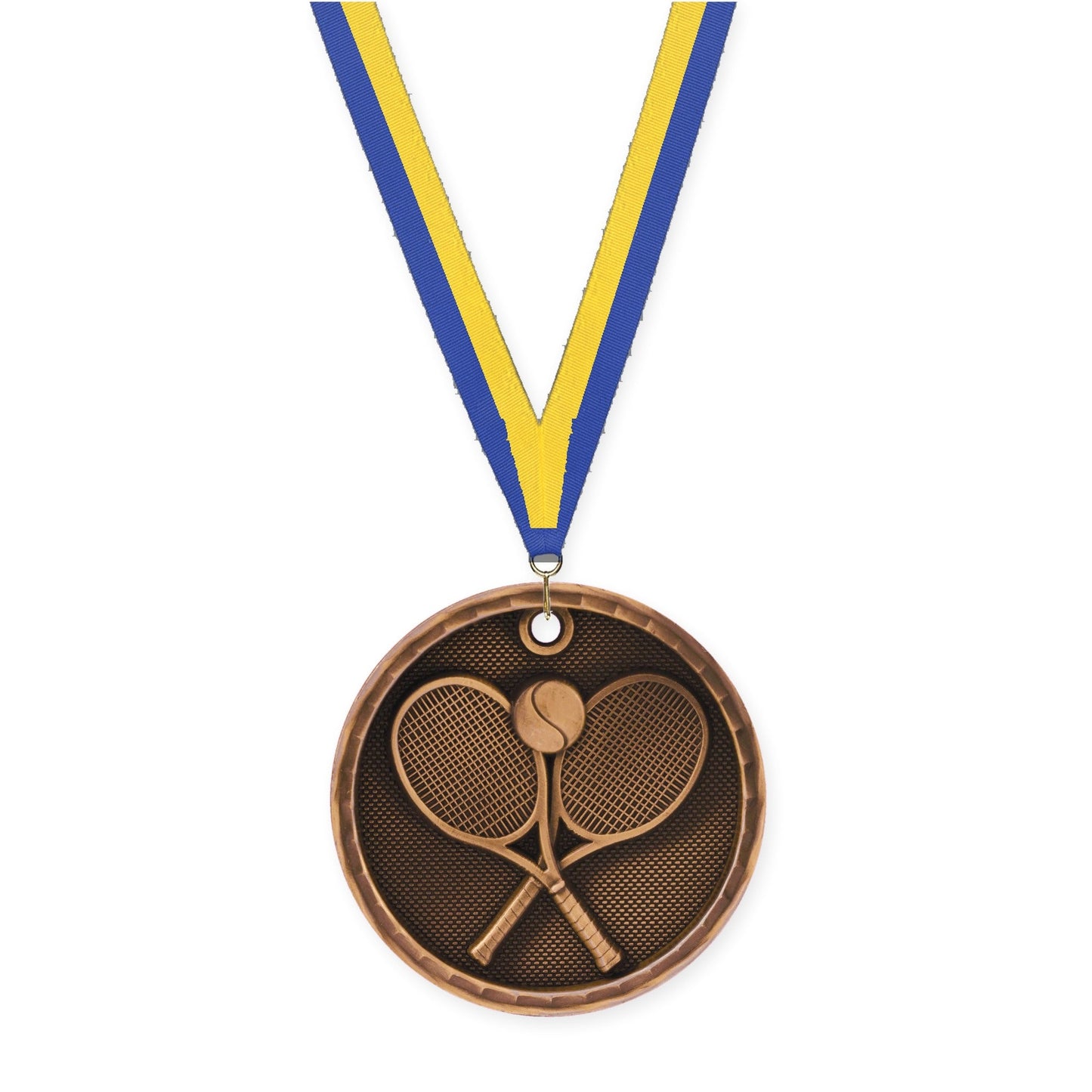 2 inch tennis 3-D medal in antique bronze with Blue Yellow neck ribbon