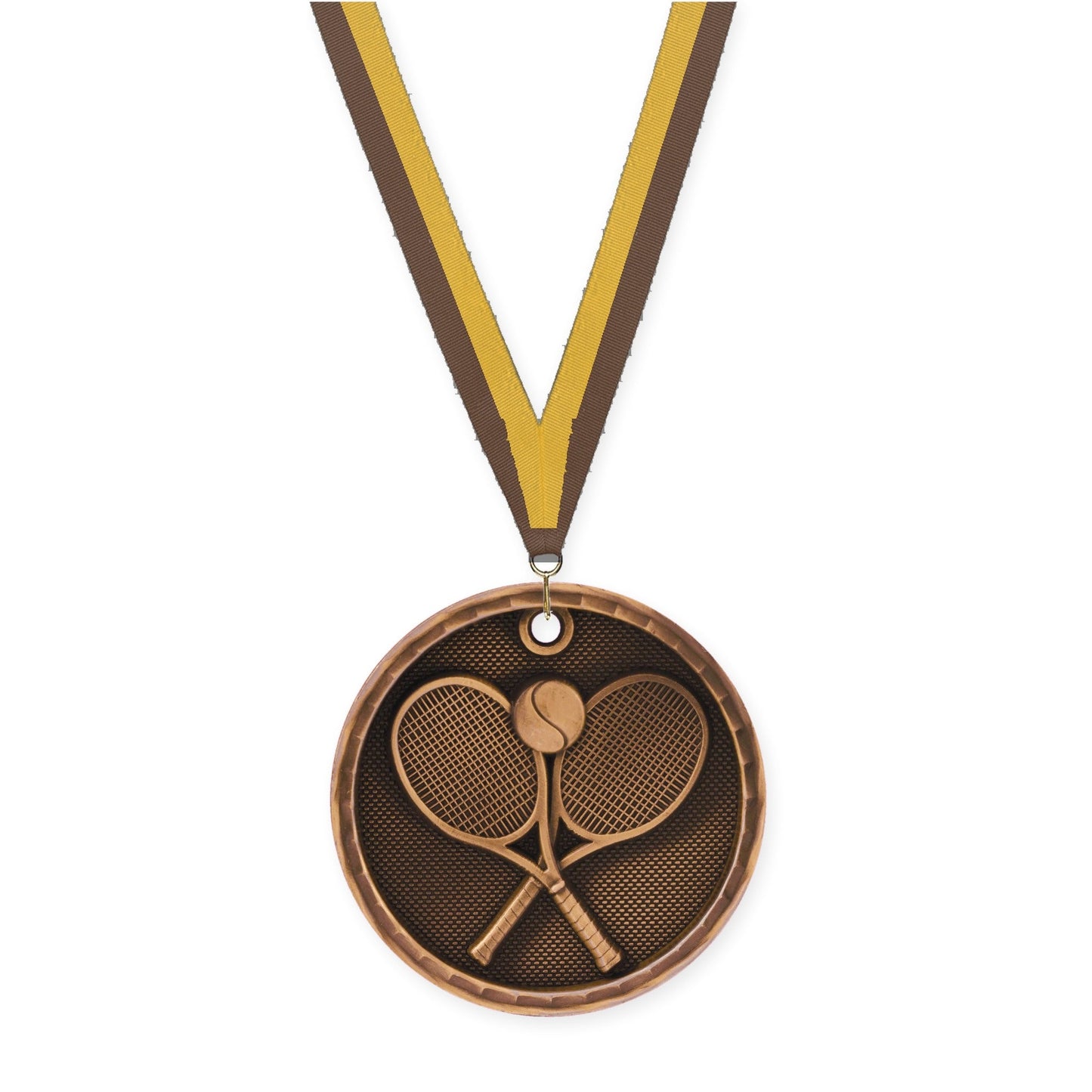 2 inch tennis 3-D medal in antique bronze with Brown Gold neck ribbon
