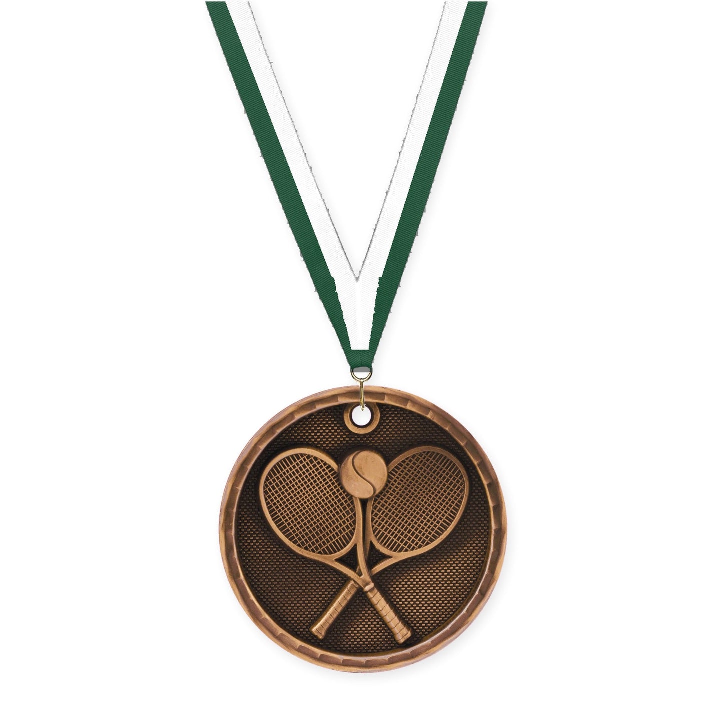 2 inch tennis 3-D medal in antique bronze with Hunter Green White neck ribbon