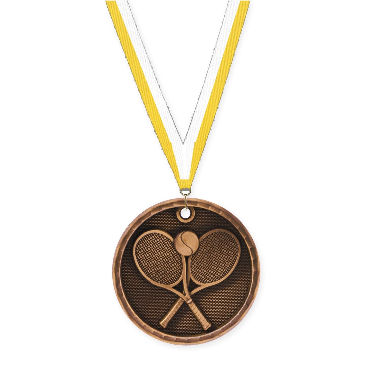 2 inch tennis 3-D medal in antique bronze with Yellow White neck ribbon