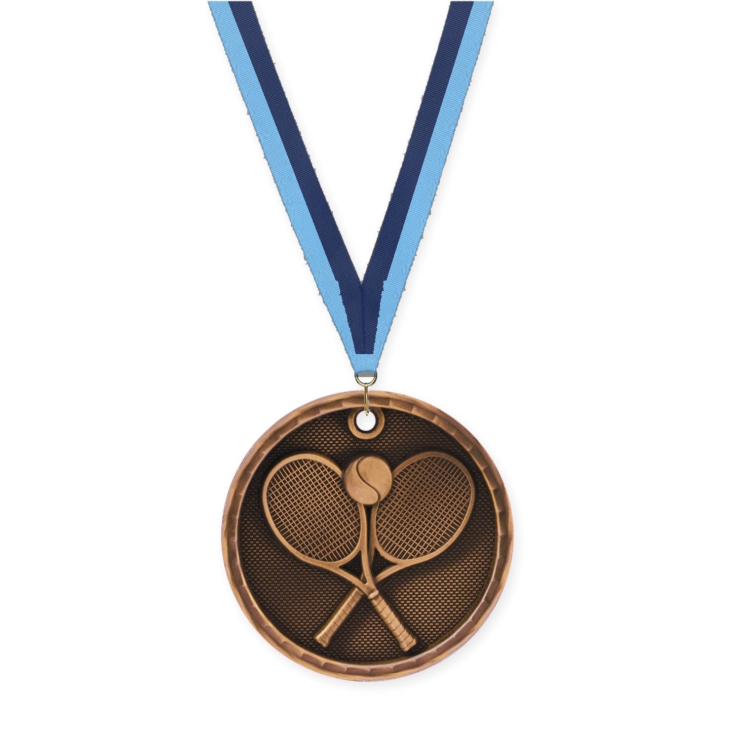 2 inch tennis 3-D medal in antique bronze with Light Blue Navy neck ribbon