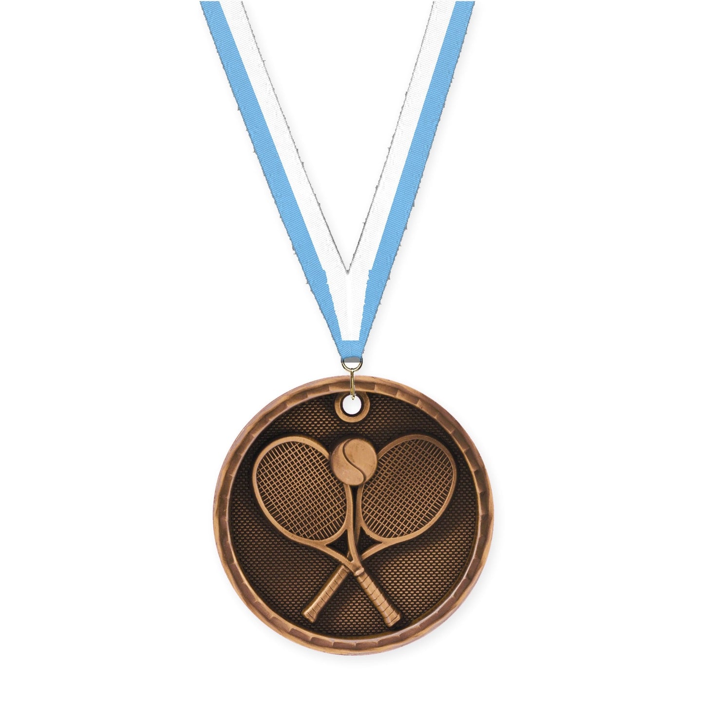 2 inch tennis 3-D medal in antique bronze with Light Blue White neck ribbon