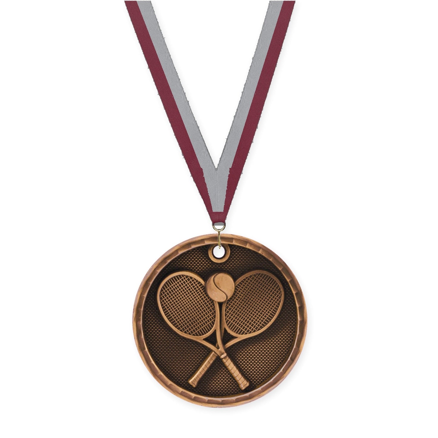 2 inch tennis 3-D medal in antique bronze with Maroon Gray neck ribbon