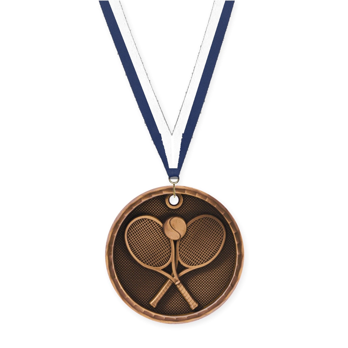 2 inch tennis 3-D medal in antique bronze with Navy White neck ribbon