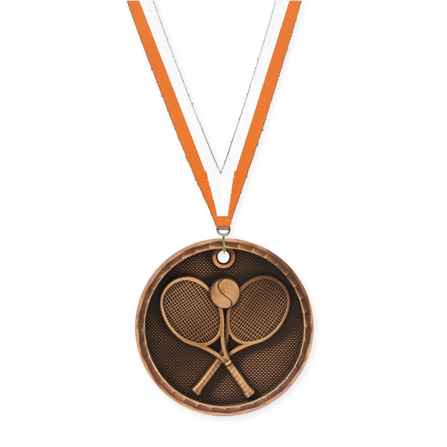 2 inch tennis 3-D medal in antique bronze with Orange White neck ribbon