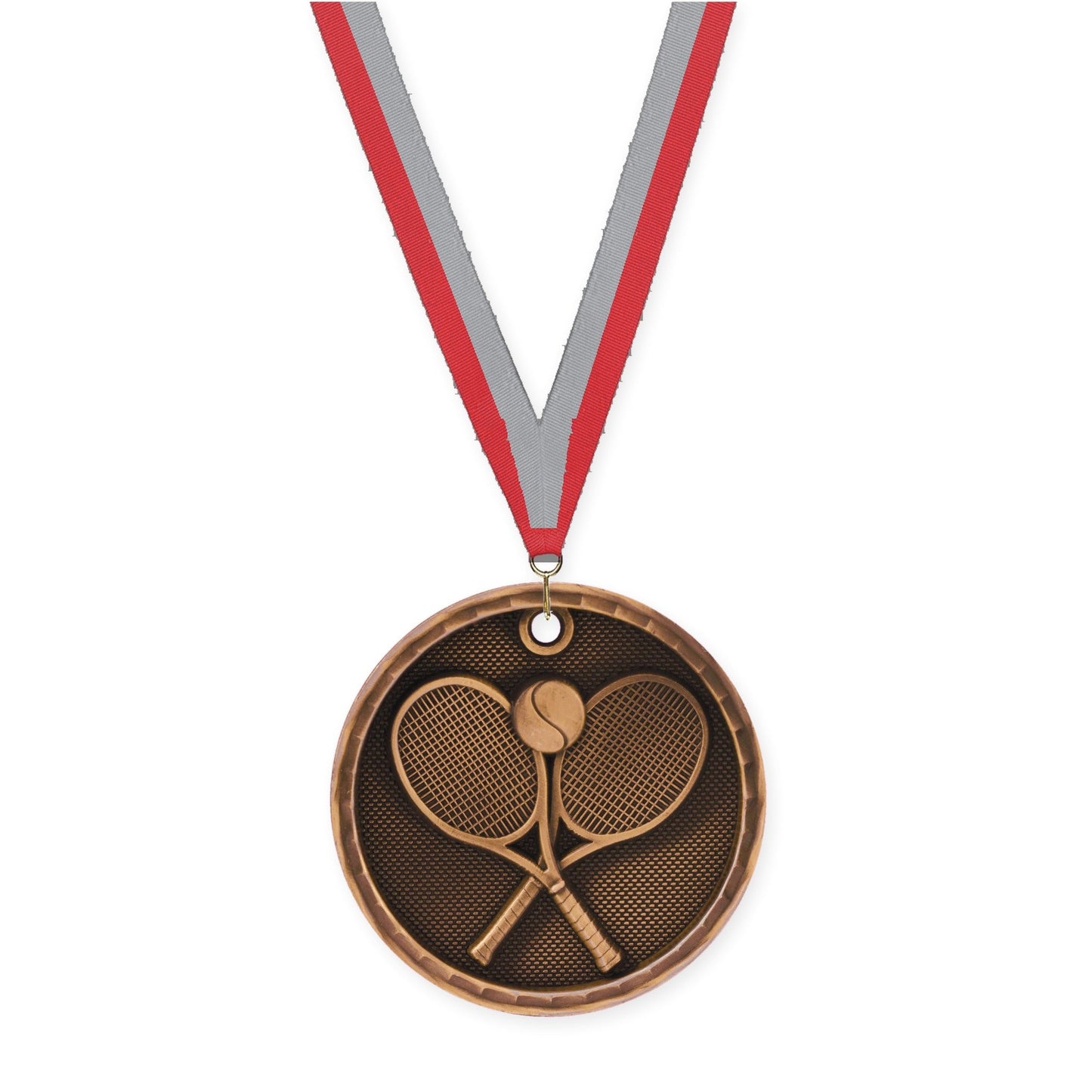 2 inch tennis 3-D medal in antique bronze with Red Gray neck ribbon