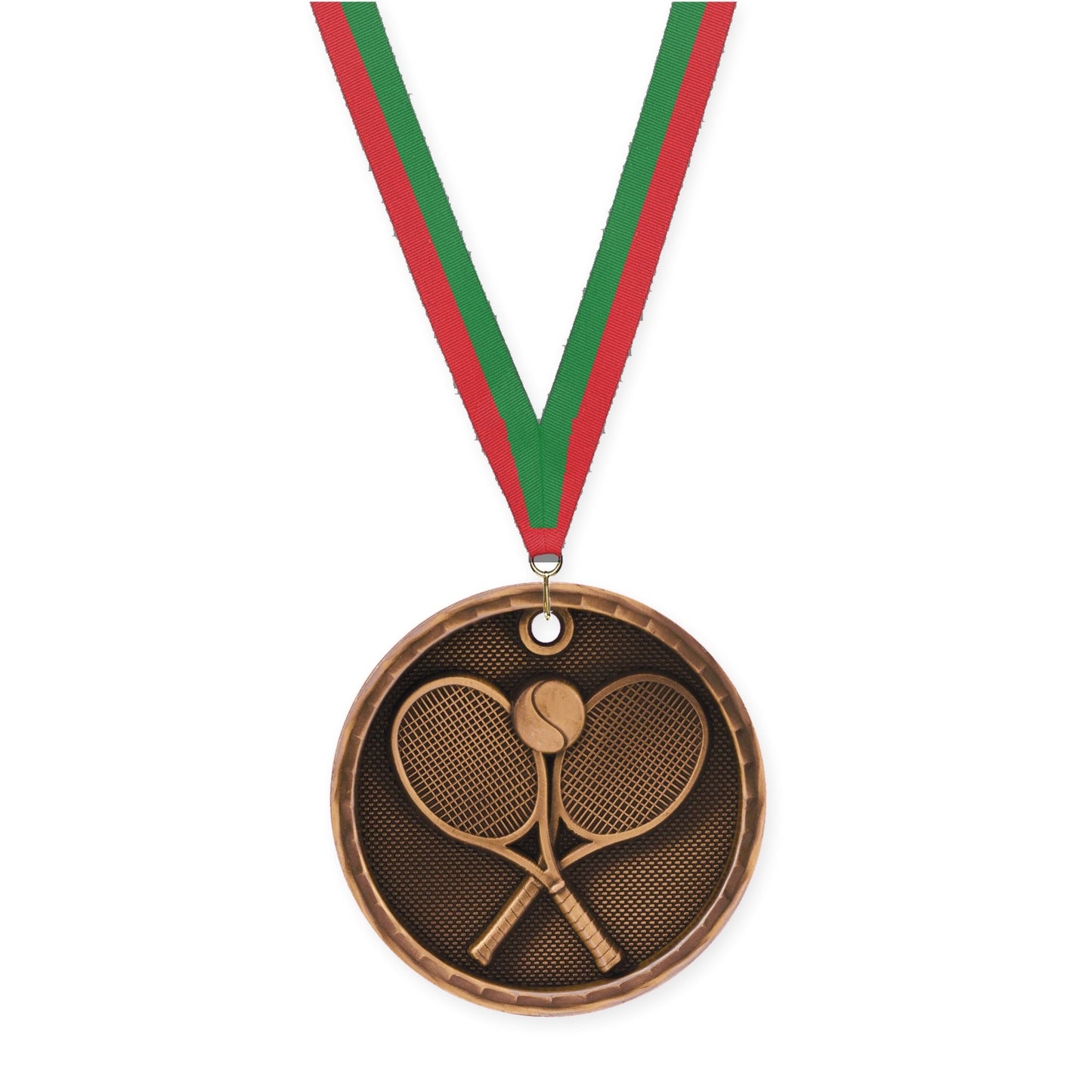 2 inch tennis 3-D medal in antique bronze with Red Green neck ribbon