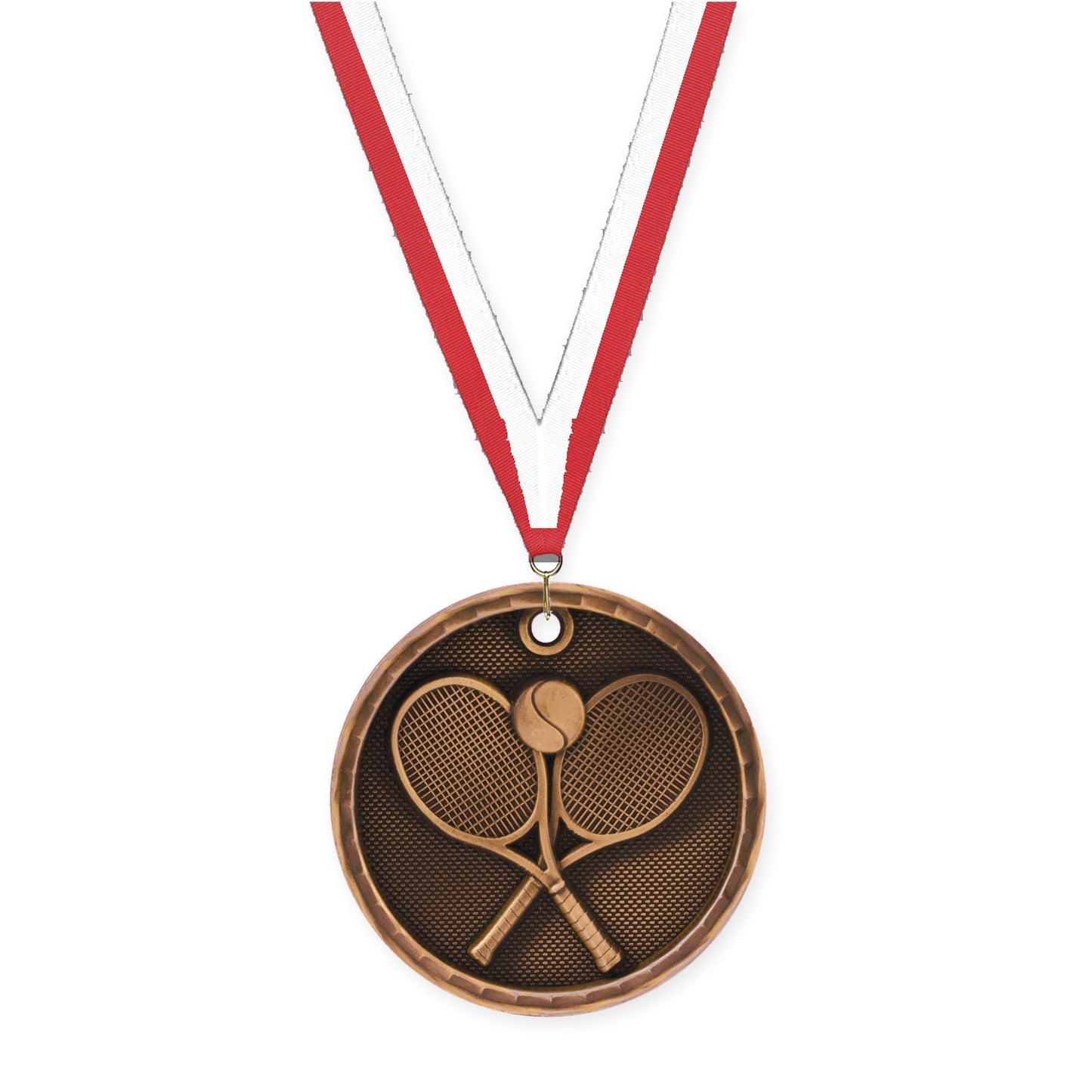 2 inch tennis 3-D medal in antique bronze with Red White neck ribbon