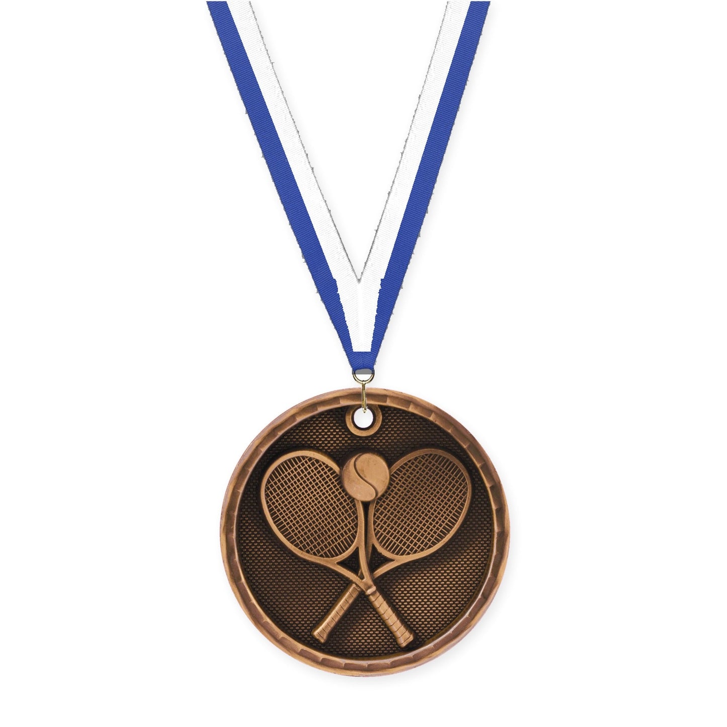 2 inch tennis 3-D medal in antique bronze with Blue White neck ribbon