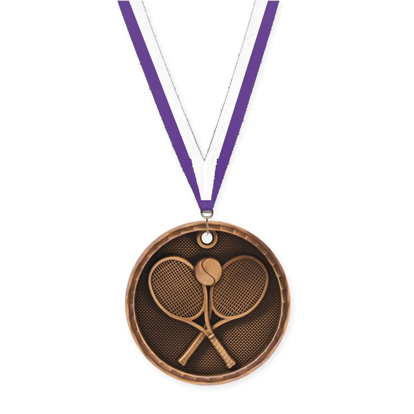 2 inch tennis 3-D medal in antique bronze with Purple White neck ribbon