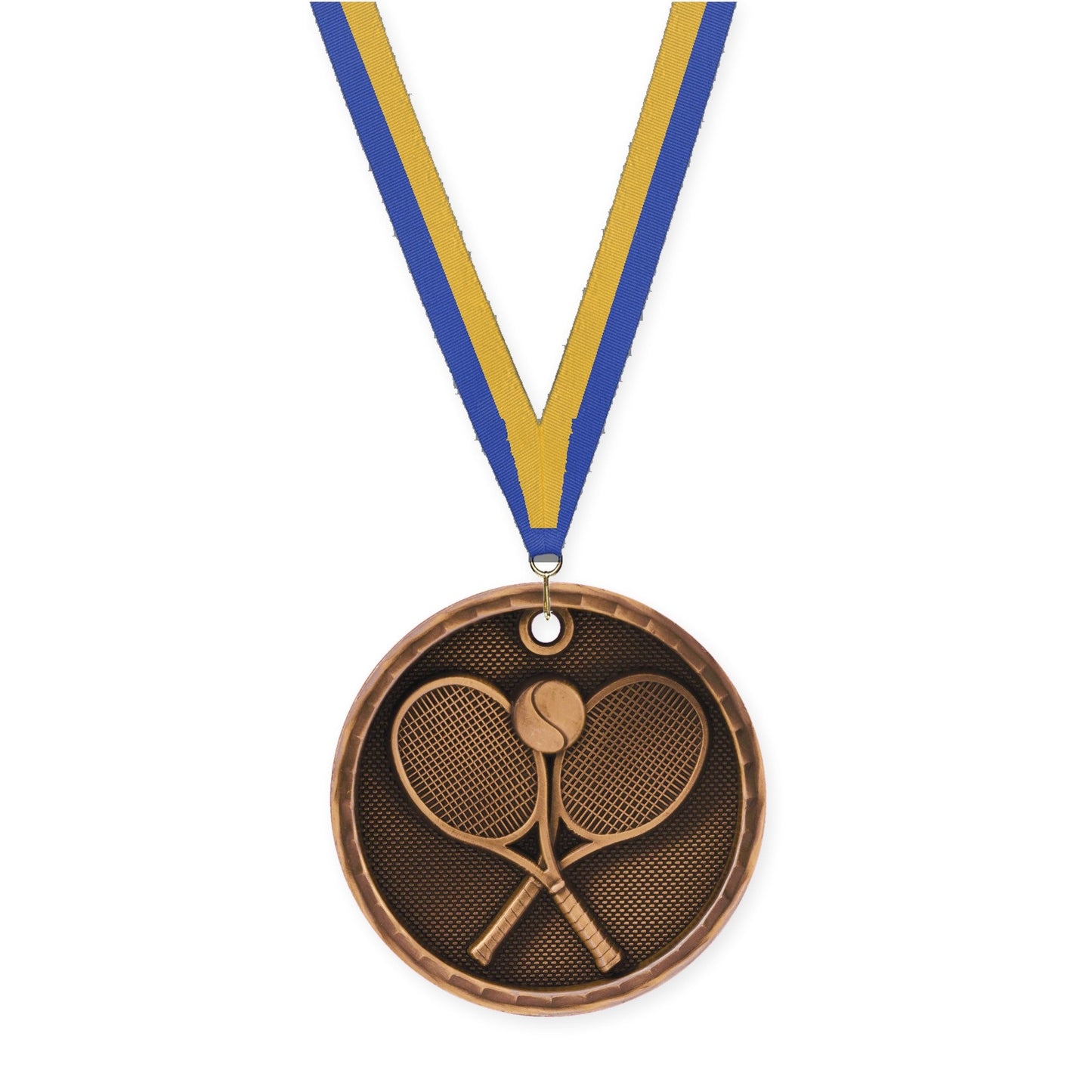2 inch tennis 3-D medal in antique bronze with Blue Gold neck ribbon