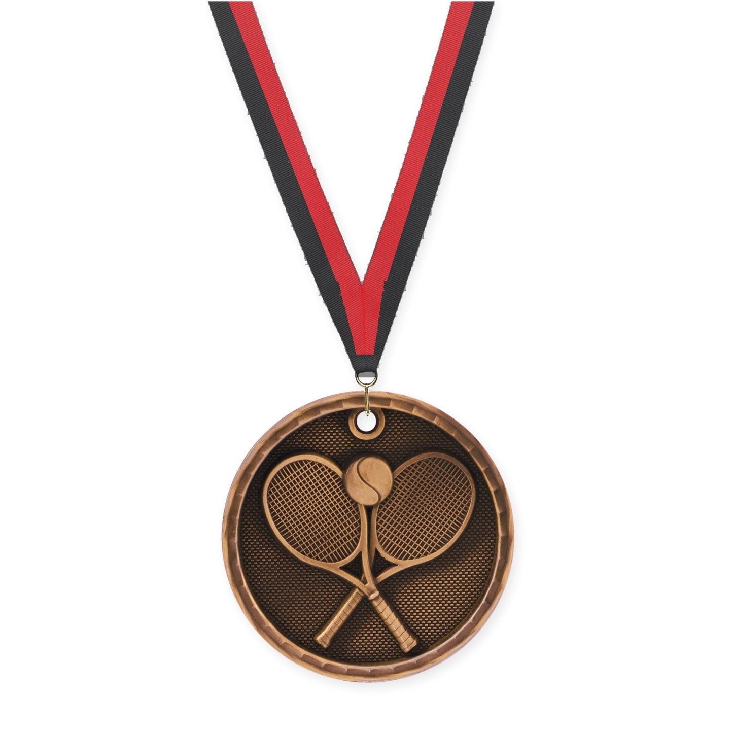 2 inch tennis 3-D medal in antique bronze with Black Red neck ribbon