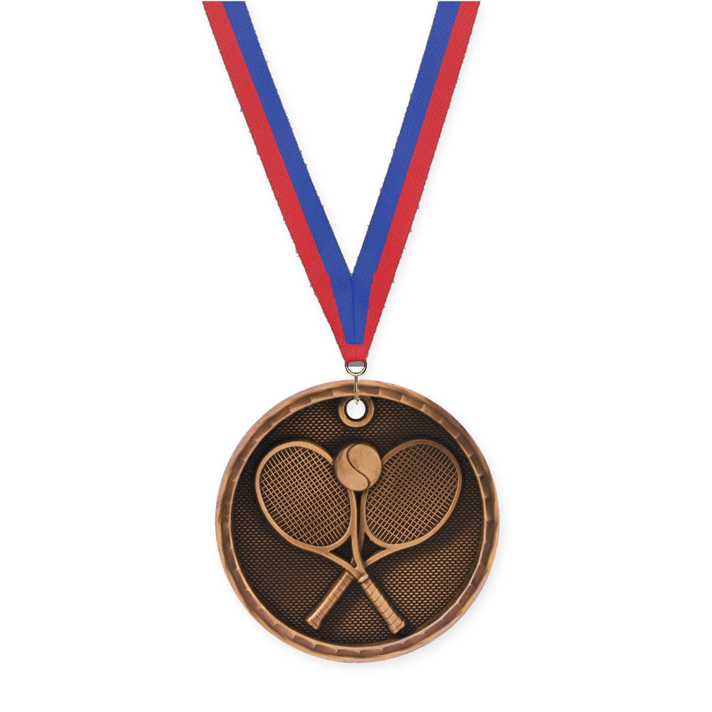 2 inch tennis 3-D medal in antique bronze with Blue Red neck ribbon