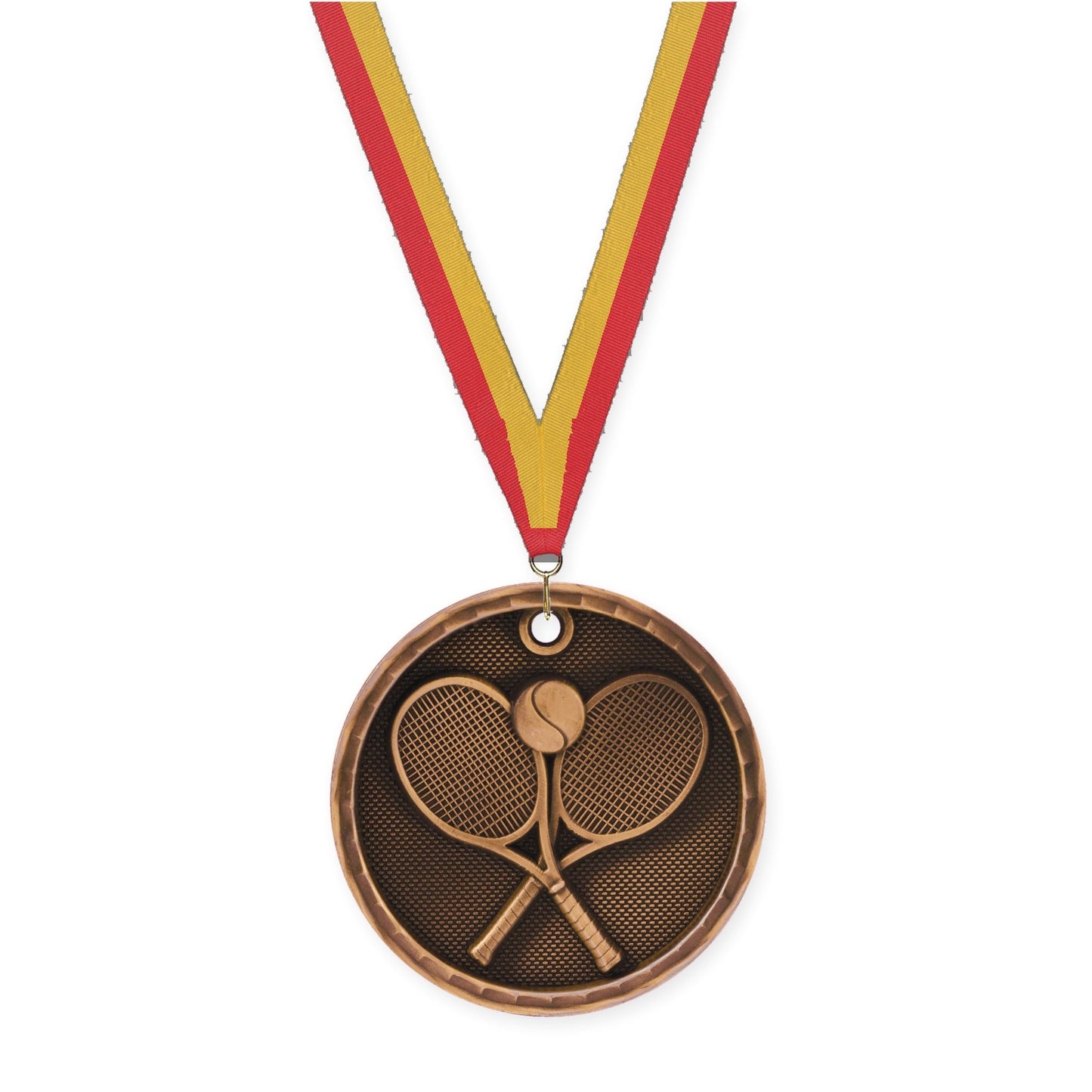 2 inch tennis 3-D medal in antique bronze with Red Gold neck ribbon