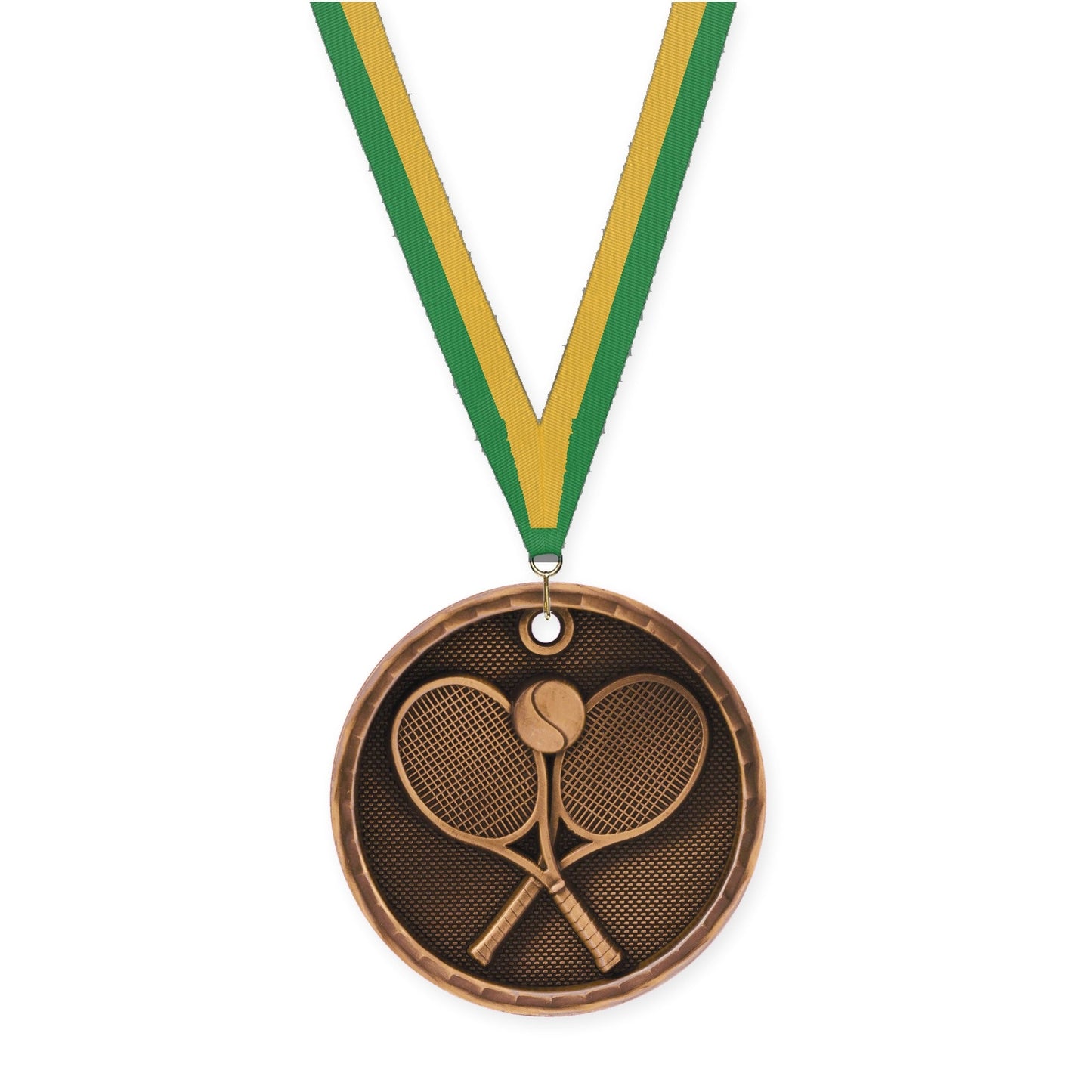 2 inch tennis 3-D medal in antique bronze with Green Gold neck ribbon