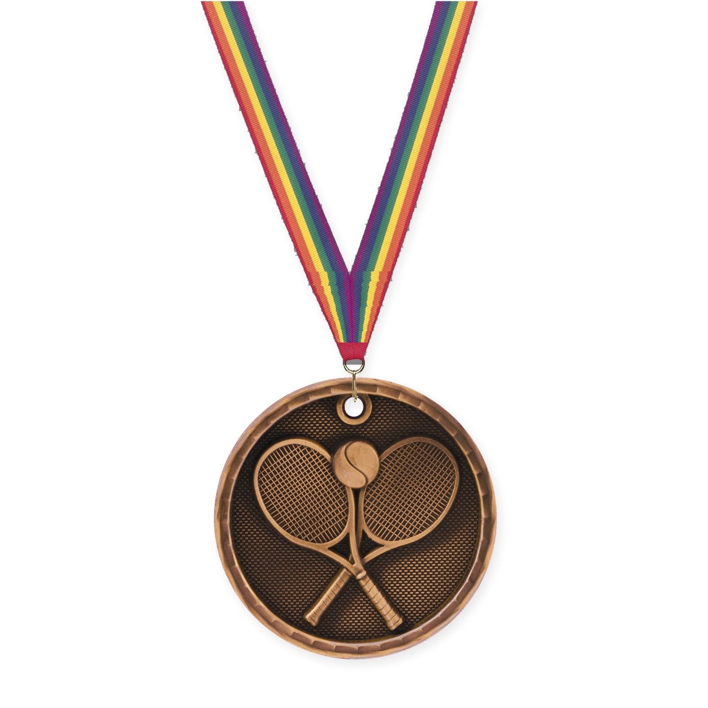 2 inch tennis 3-D medal in antique bronze with Rainbow neck ribbon