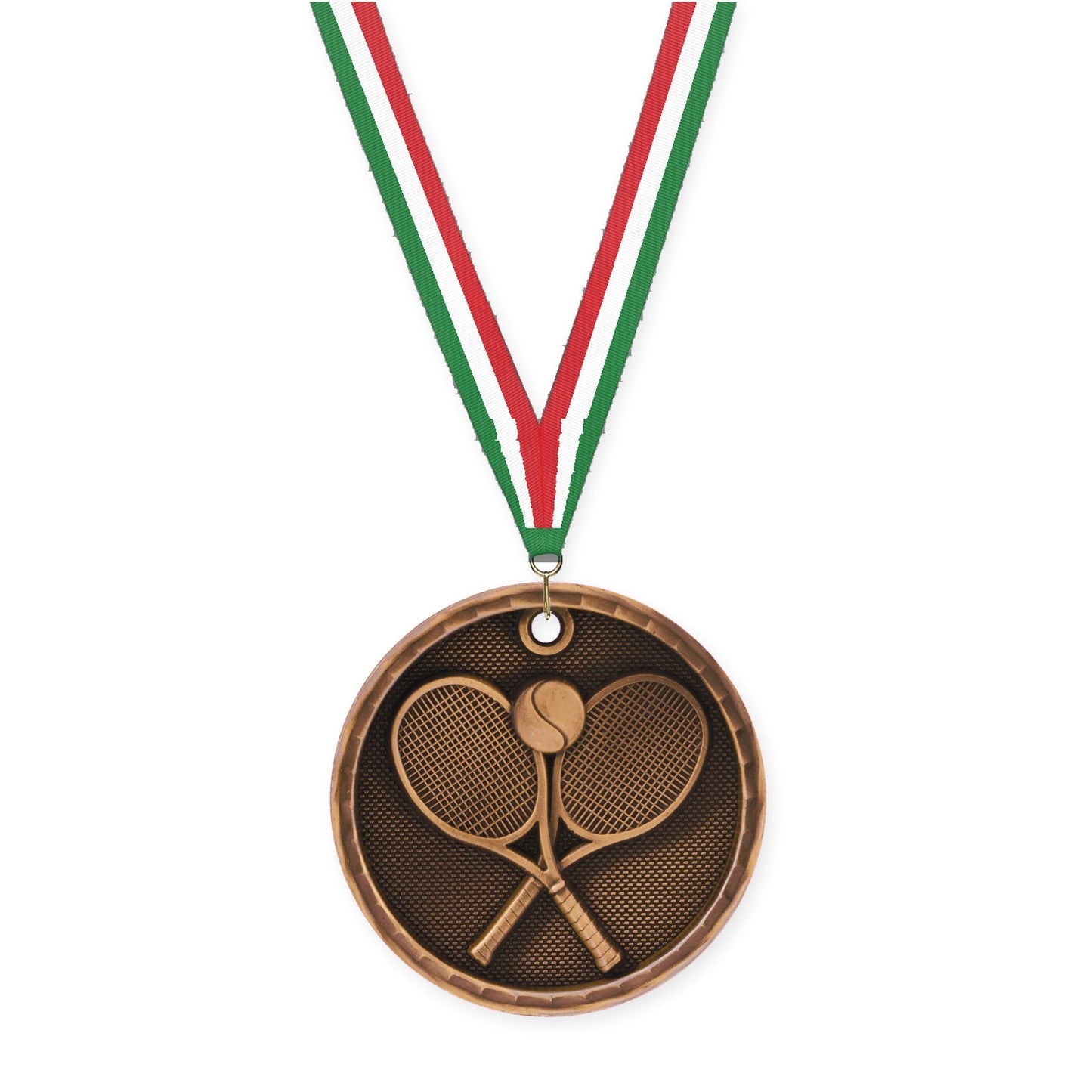 2 inch tennis 3-D medal in antique bronze with Green White Red neck ribbon
