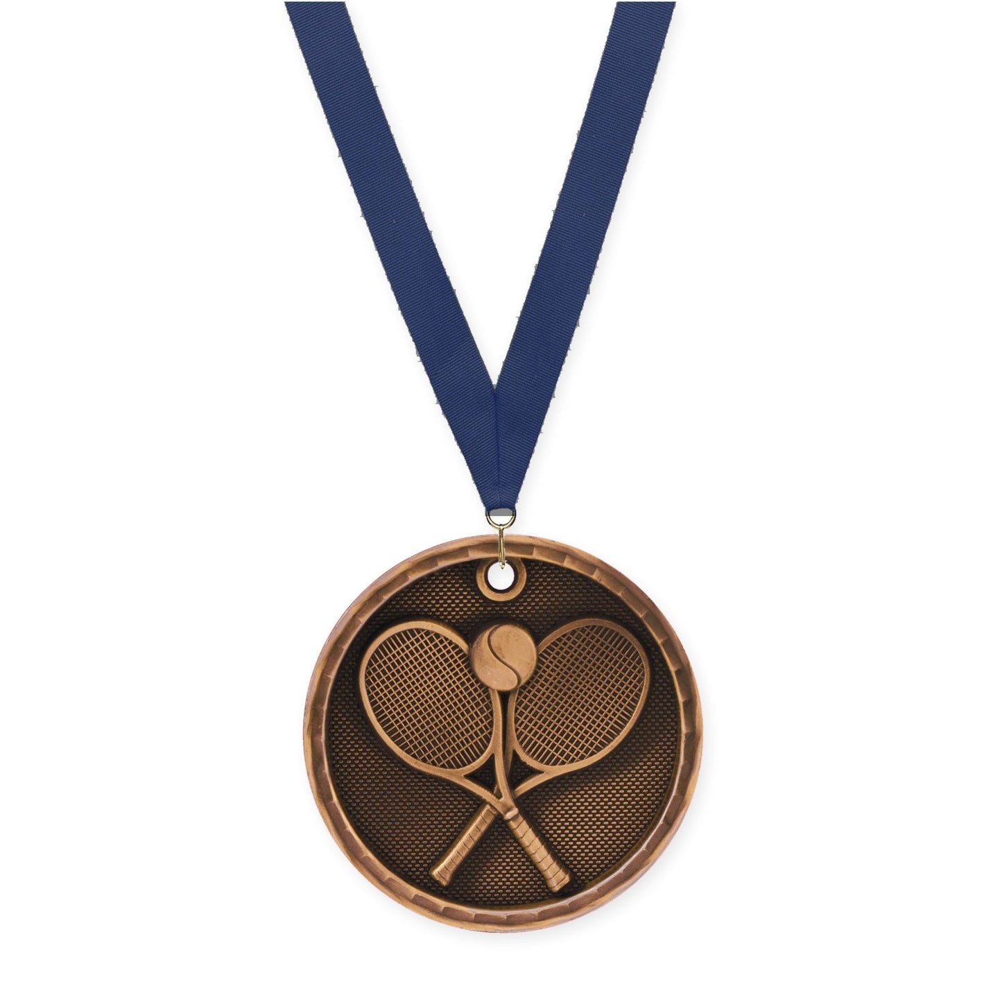 2 inch tennis 3-D medal in antique bronze with Navy neck ribbon