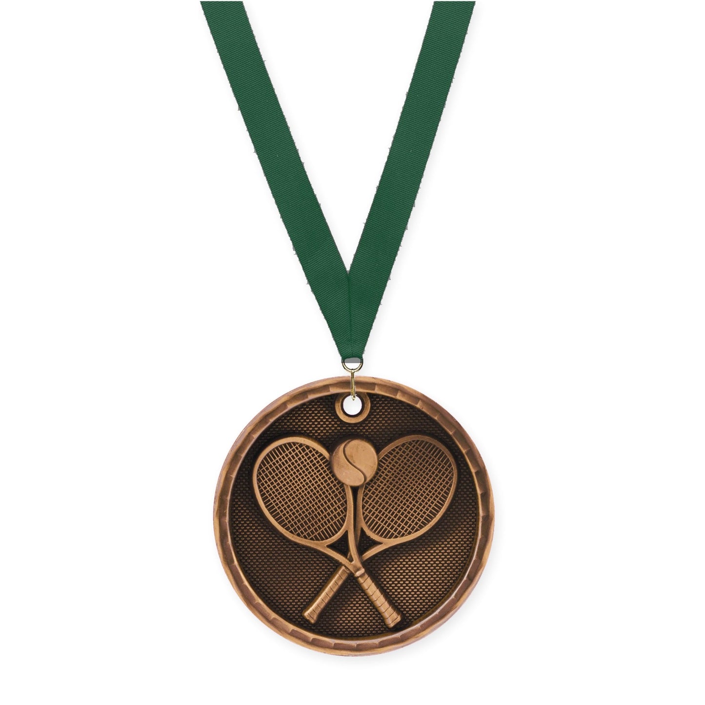 2 inch tennis 3-D medal in antique bronze with Hunter Green neck ribbon