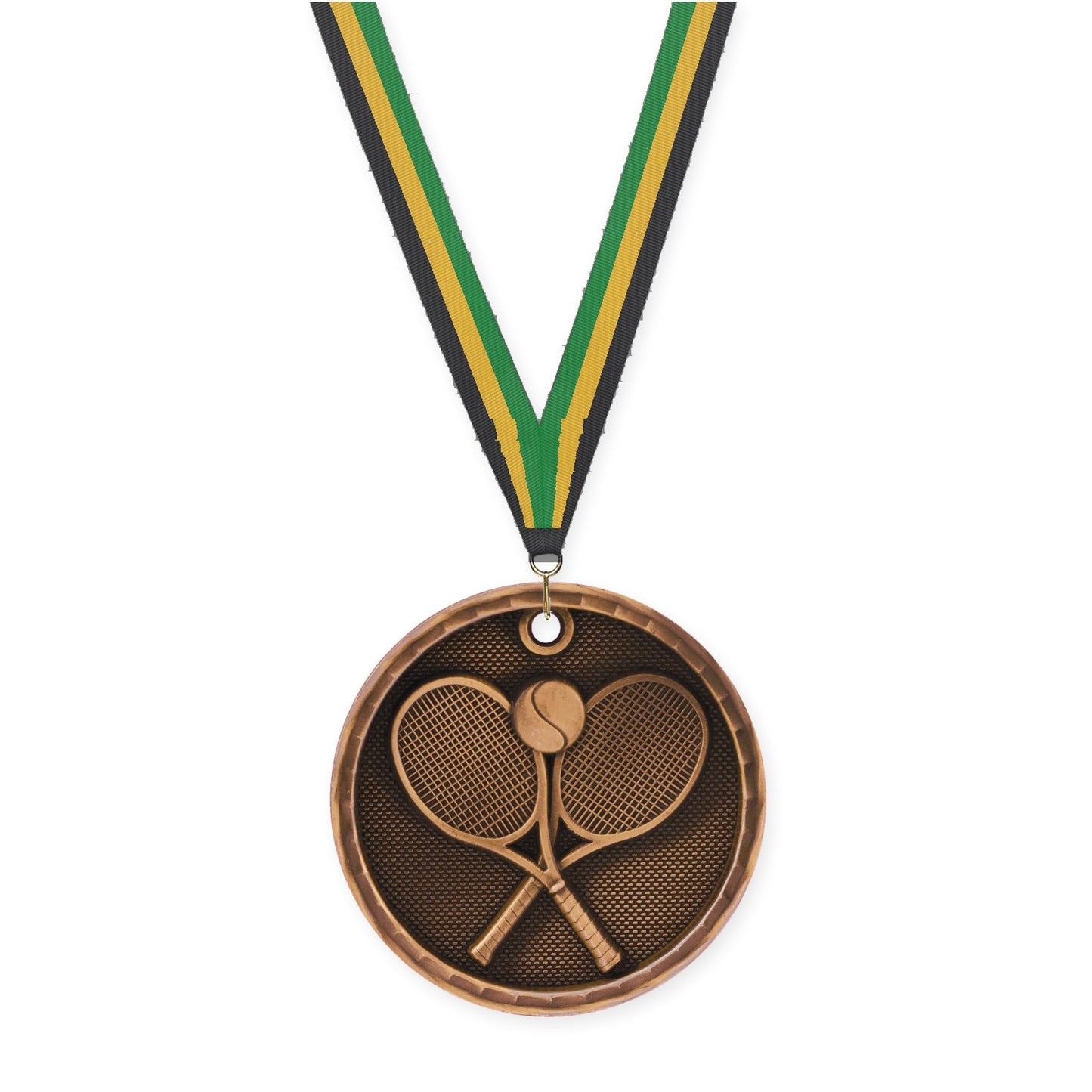 2 inch tennis 3-D medal in antique bronze with Black Gold Green neck ribbon