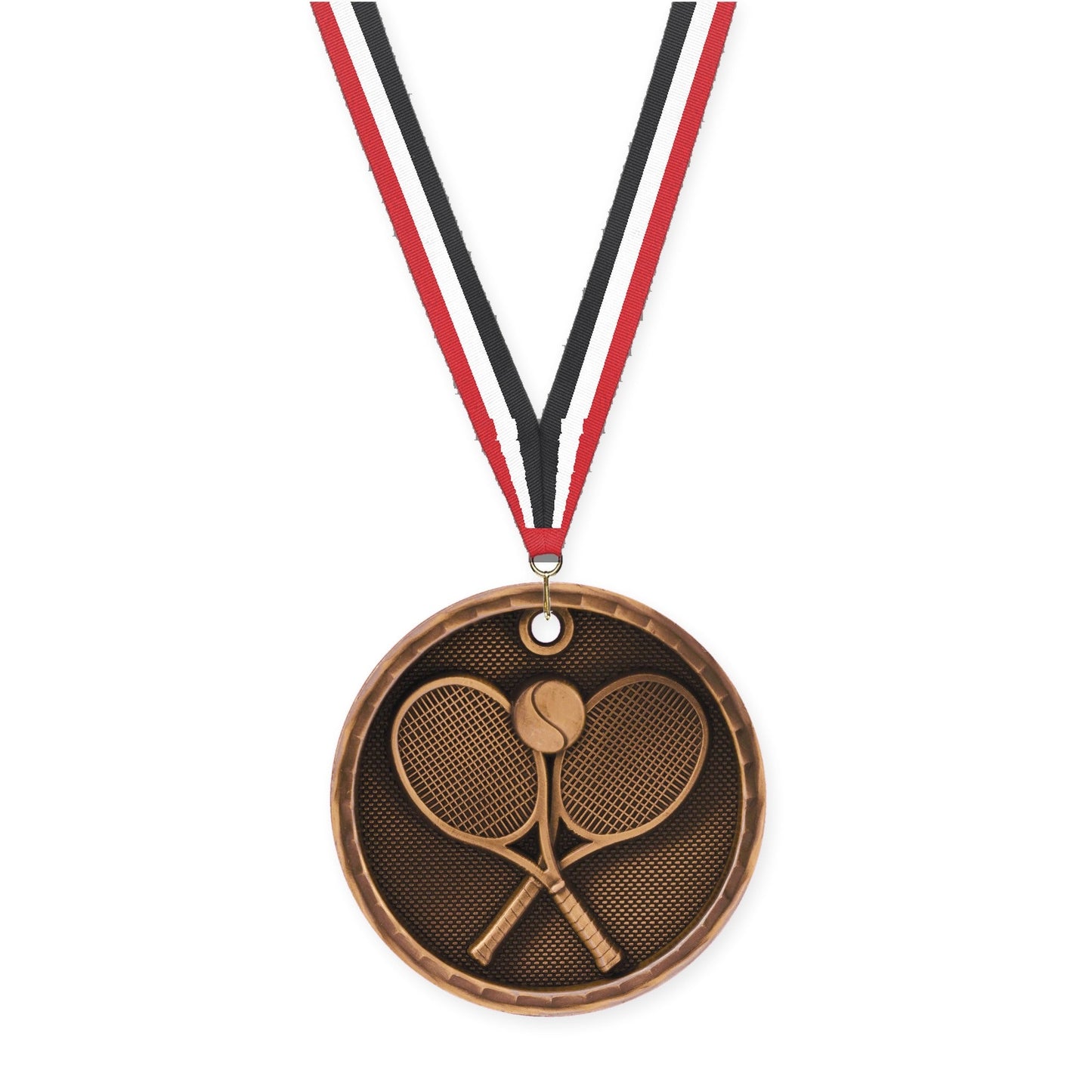 2 inch tennis 3-D medal in antique bronze with Red White Black neck ribbon