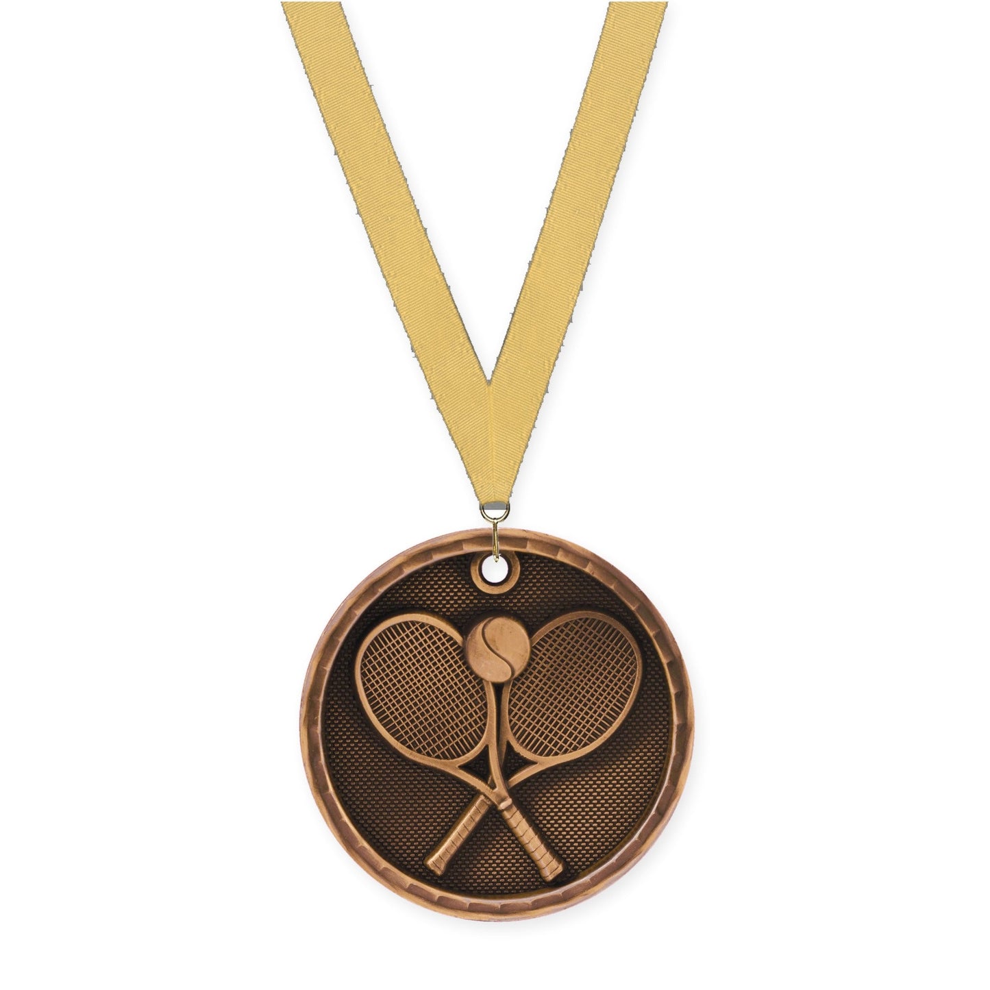 2 inch tennis 3-D medal in antique bronze with Gold Metallic neck ribbon