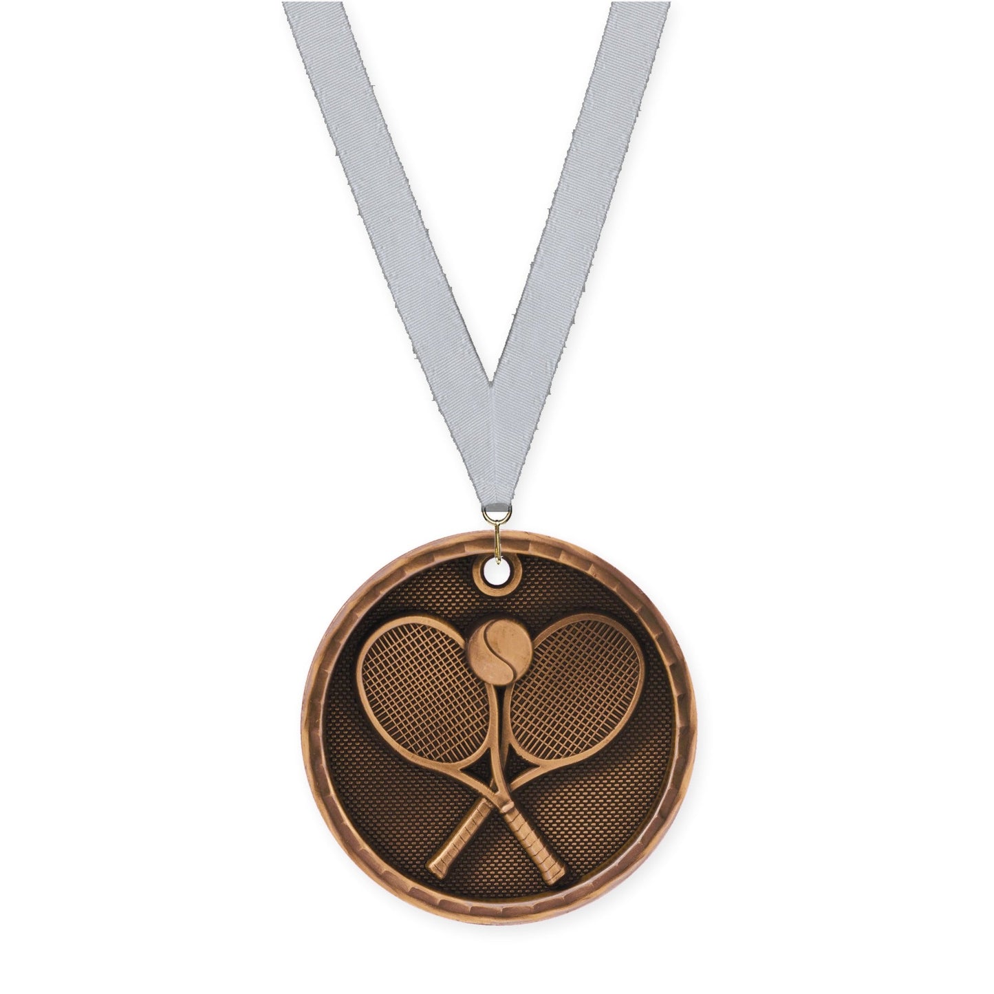 2 inch tennis 3-D medal in antique bronze with Silver Metallic neck ribbon