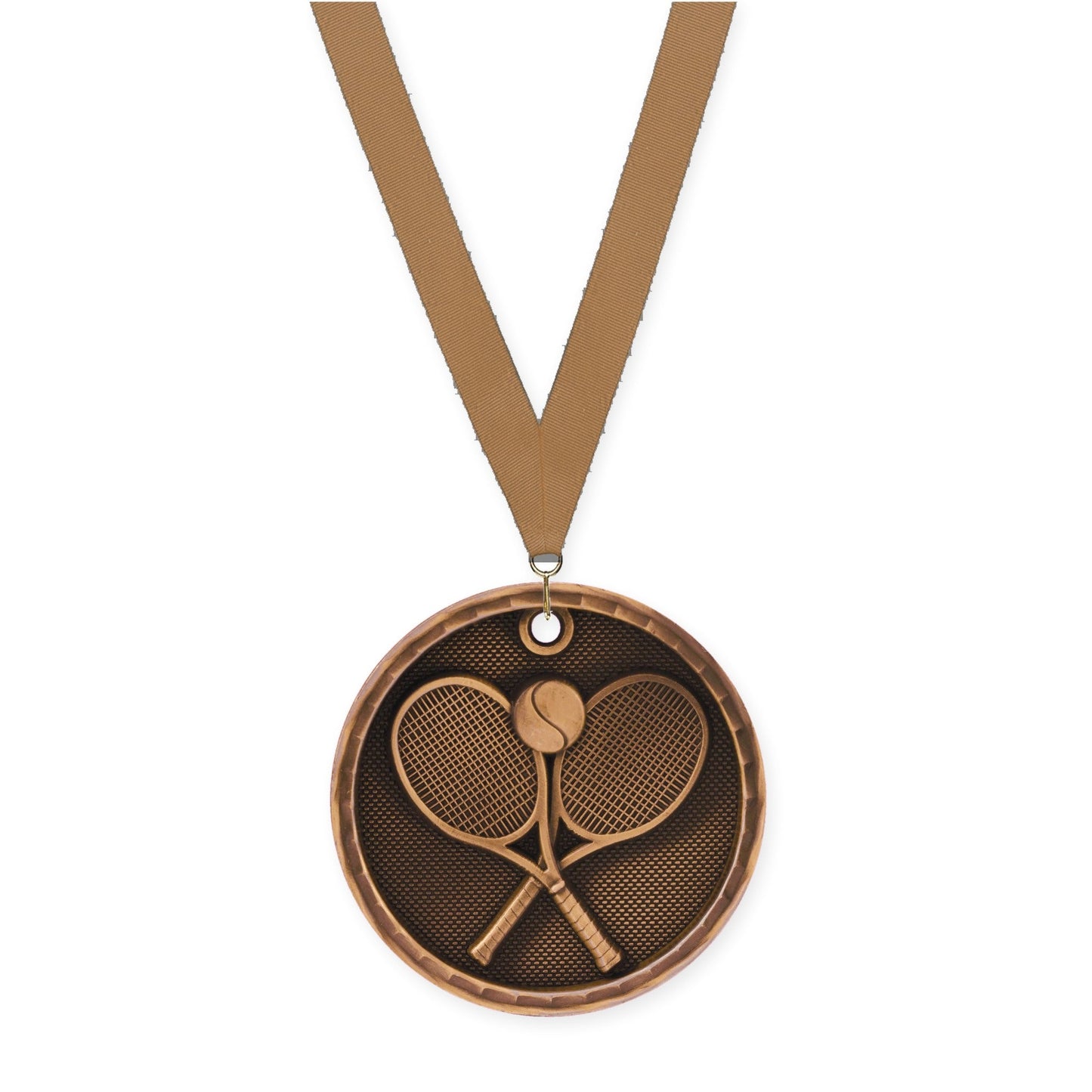 2 inch tennis 3-D medal in antique bronze with Bronze Metallic neck ribbon