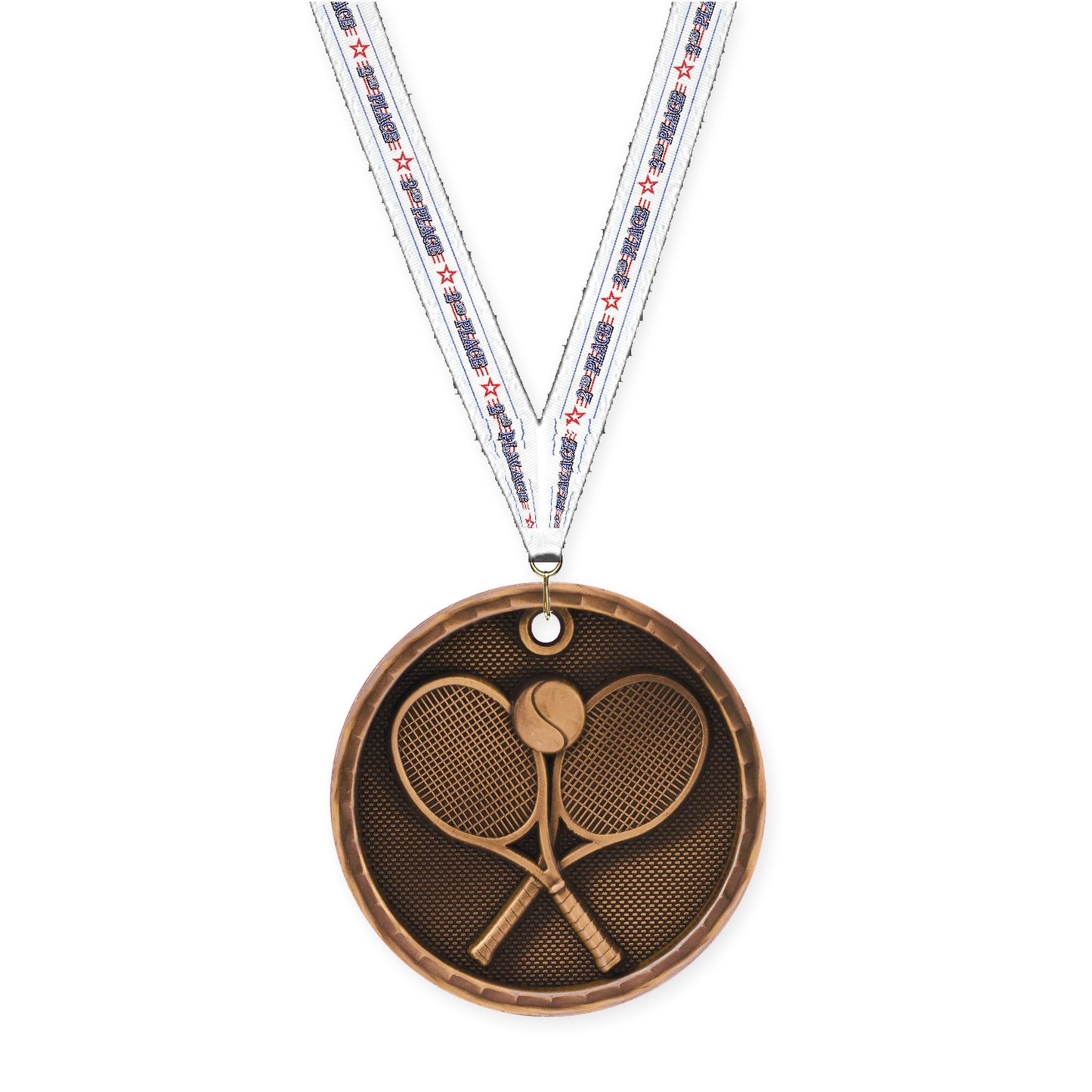 2 inch tennis 3-D medal in antique bronze with 2nd Place neck ribbon