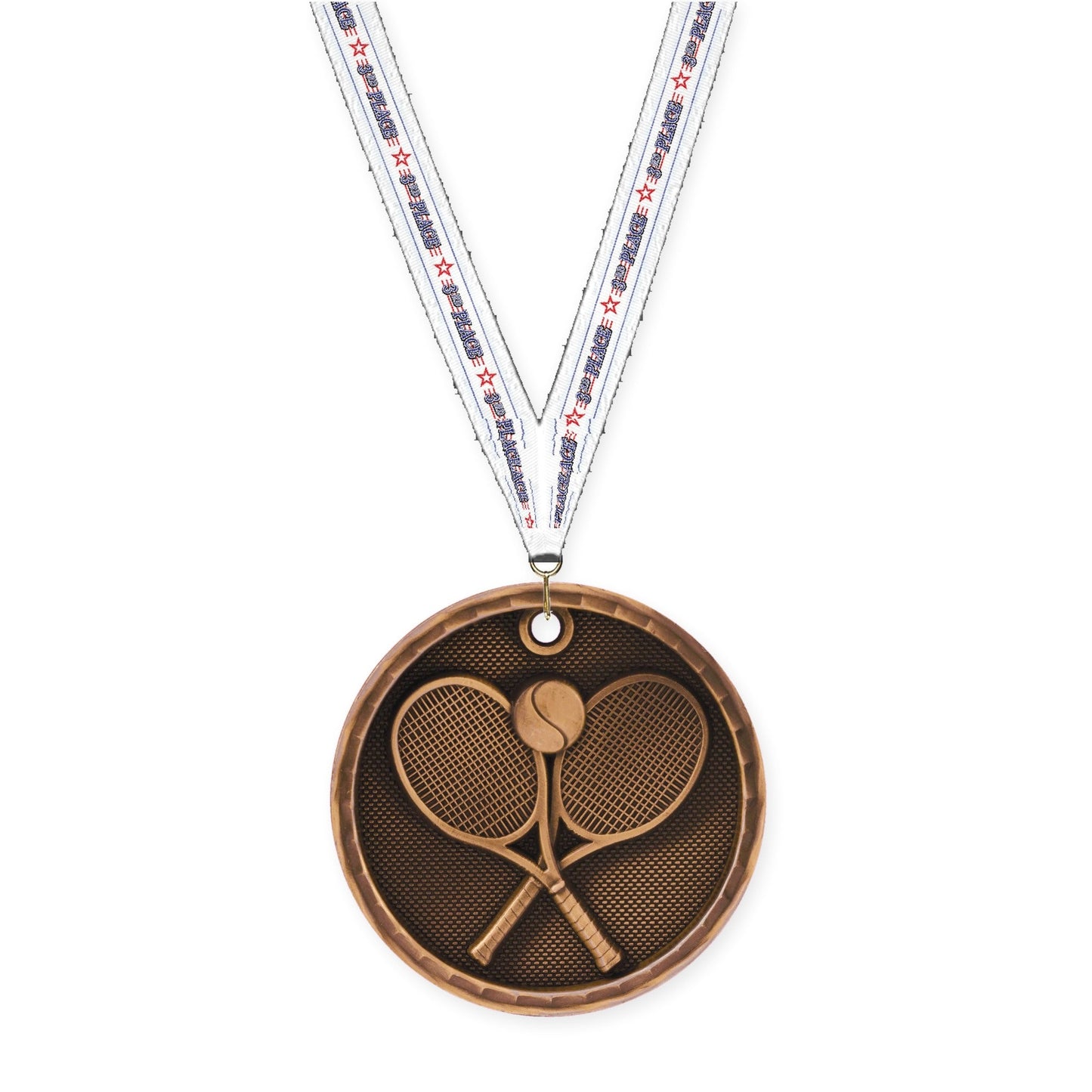 2 inch tennis 3-D medal in antique bronze with 3rd Place neck ribbon