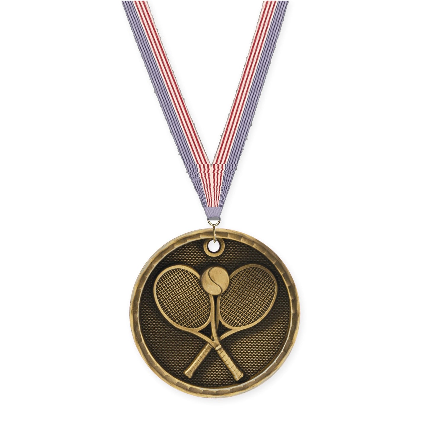 2 inch tennis 3-D medal in antique gold with USA Flag neck ribbon