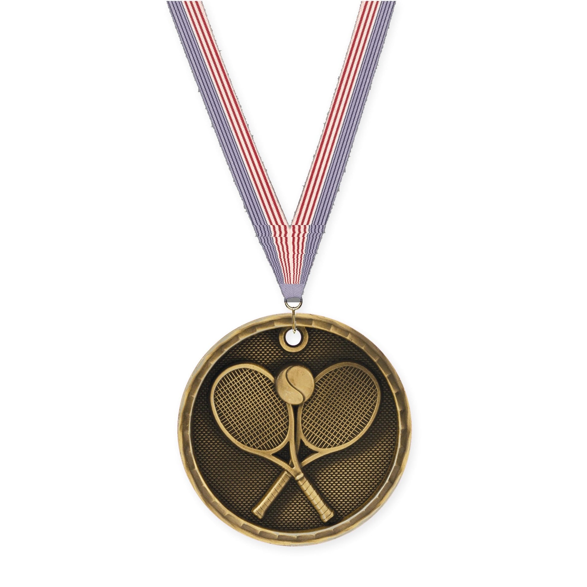 2 inch tennis 3-D medal in antique gold with USA Flag neck ribbon