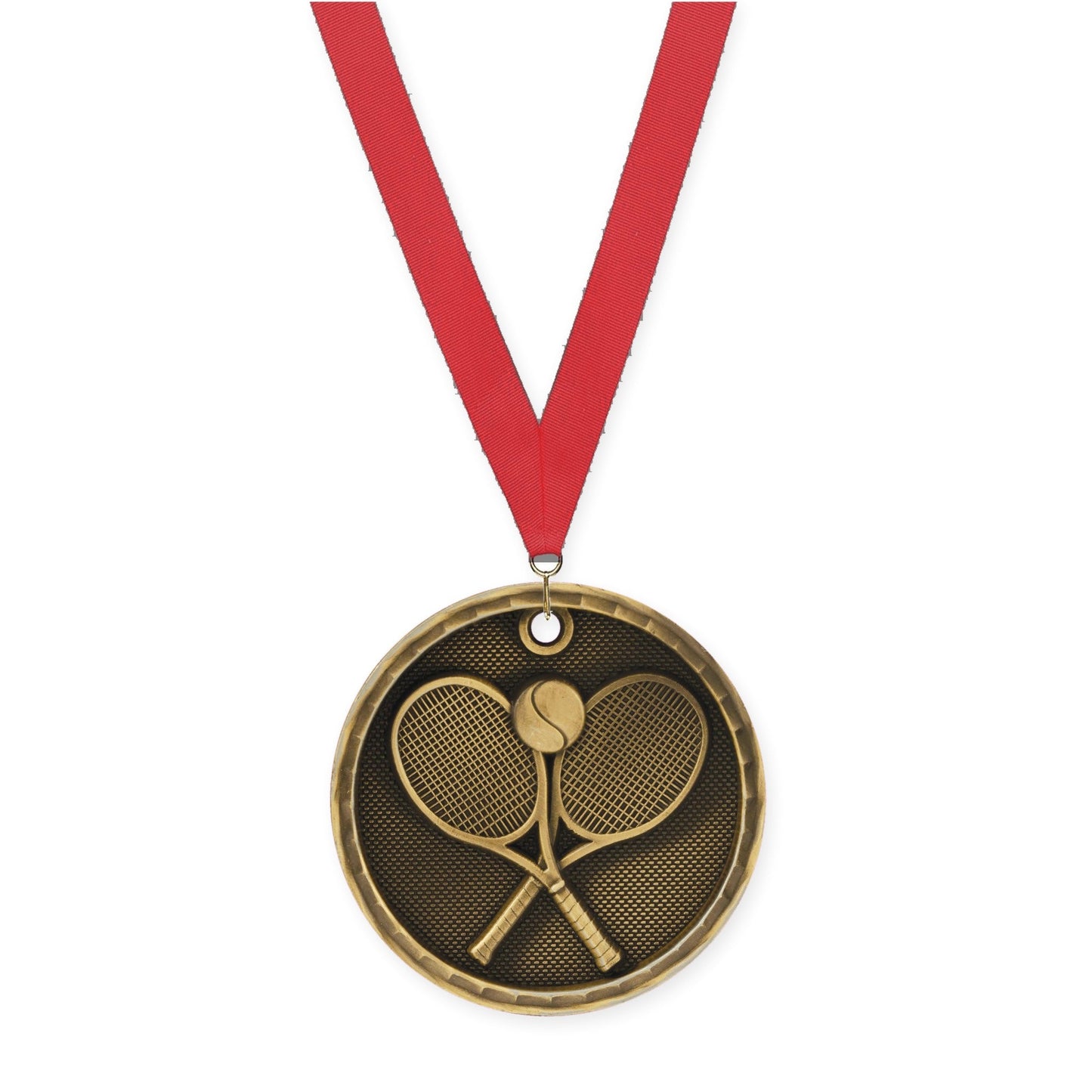 2 inch tennis 3-D medal in antique gold with Red neck ribbon
