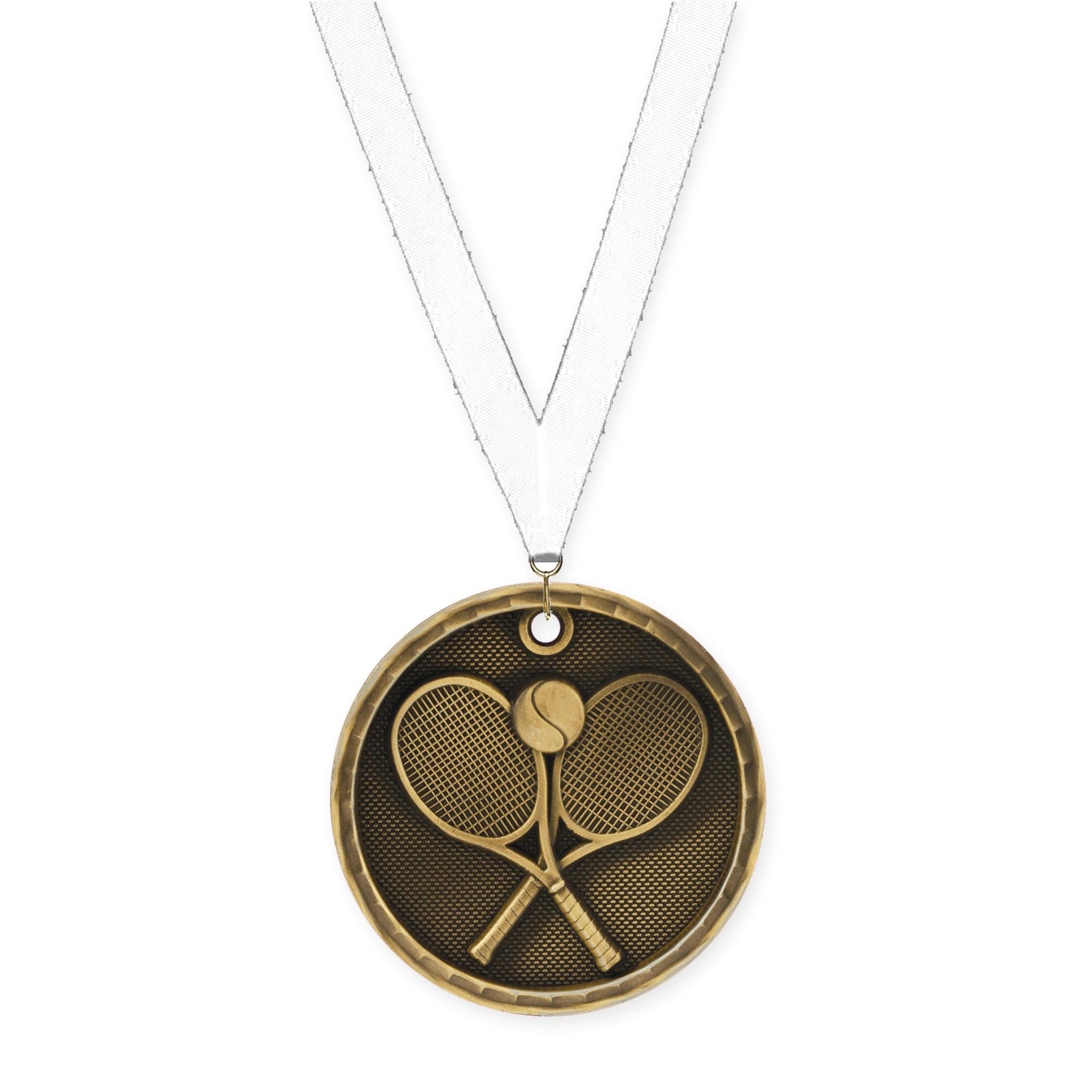 2 inch tennis 3-D medal in antique gold with White neck ribbon