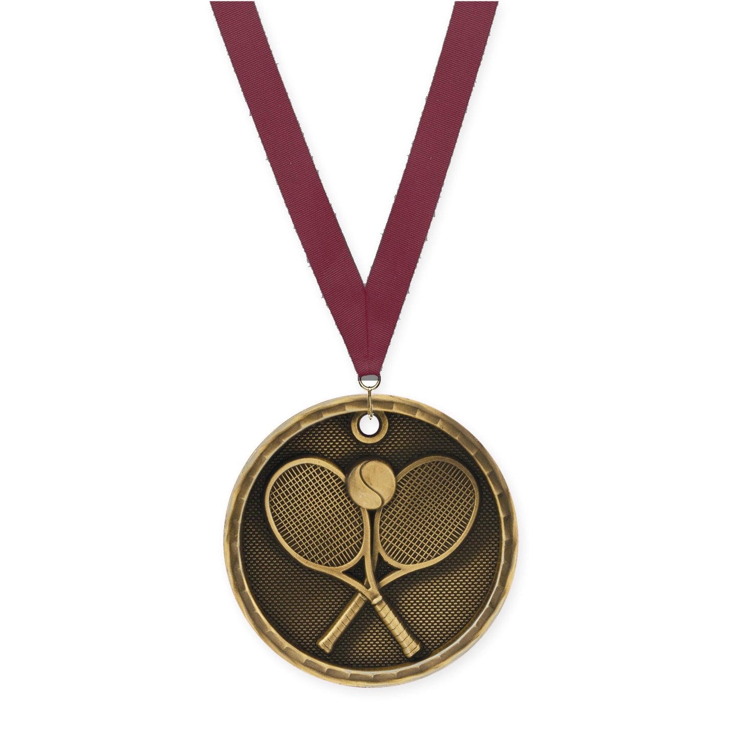 2 inch tennis 3-D medal in antique gold with Maroon neck ribbon
