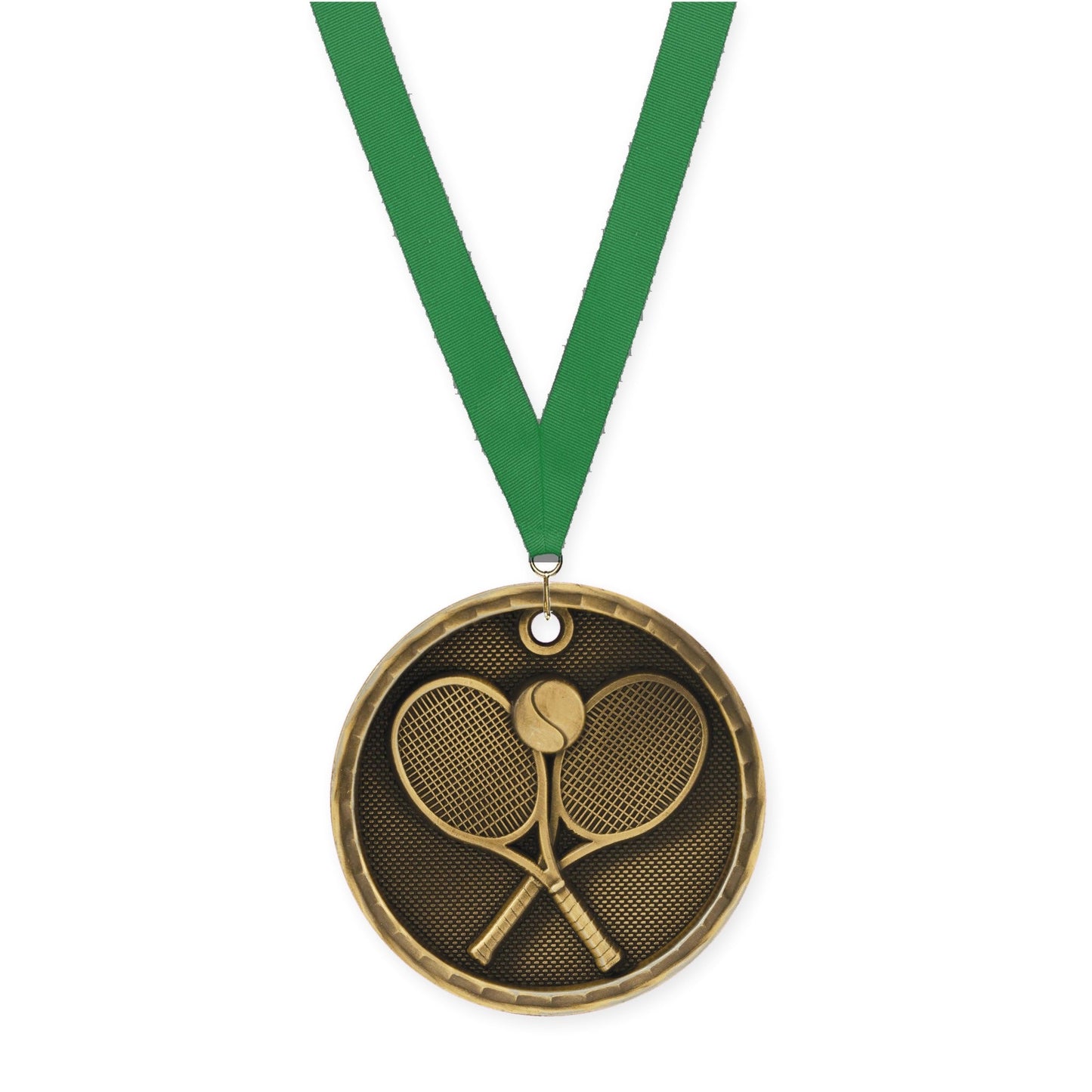 2 inch tennis 3-D medal in antique gold with Green neck ribbon