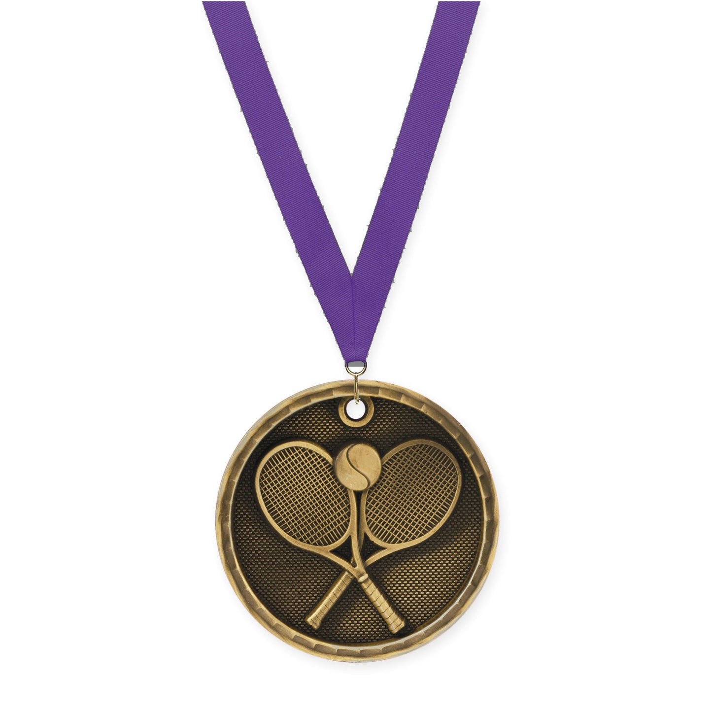 2 inch tennis 3-D medal in antique gold with Purple neck ribbon