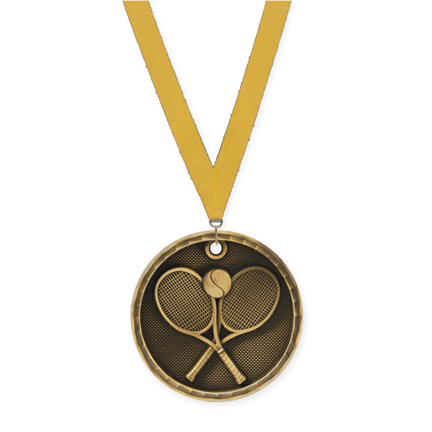2 inch tennis 3-D medal in antique gold with Gold neck ribbon