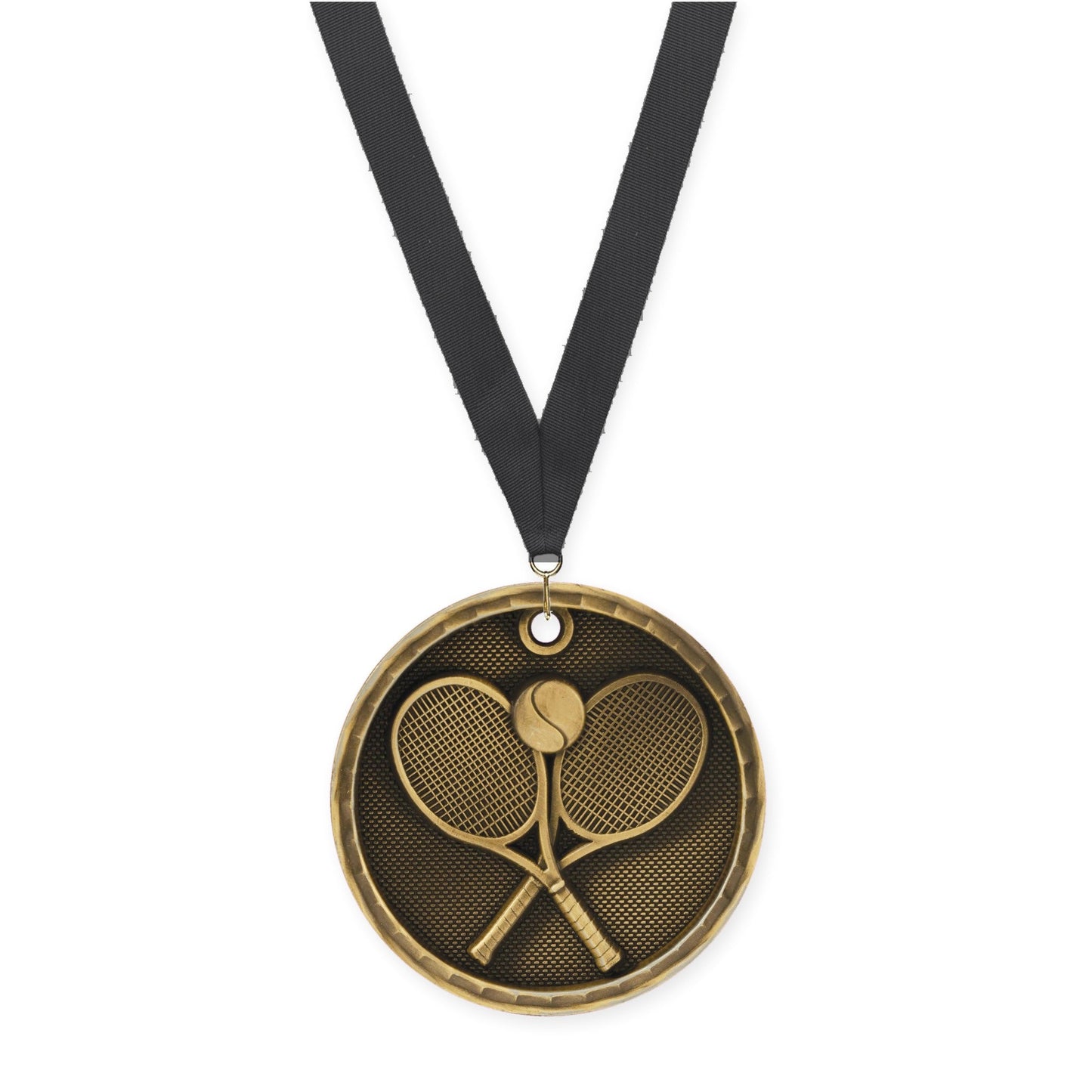 2 inch tennis 3-D medal in antique gold with Black neck ribbon
