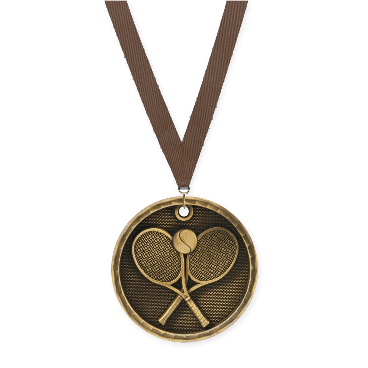 2 inch tennis 3-D medal in antique gold with Brown neck ribbon