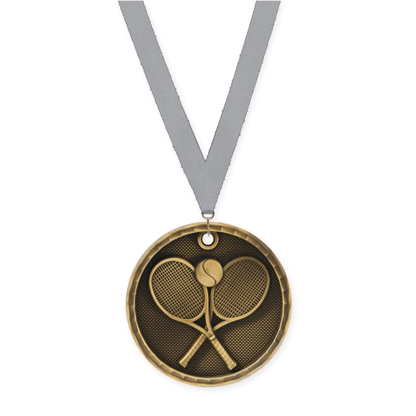 2 inch tennis 3-D medal in antique gold with Gray neck ribbon