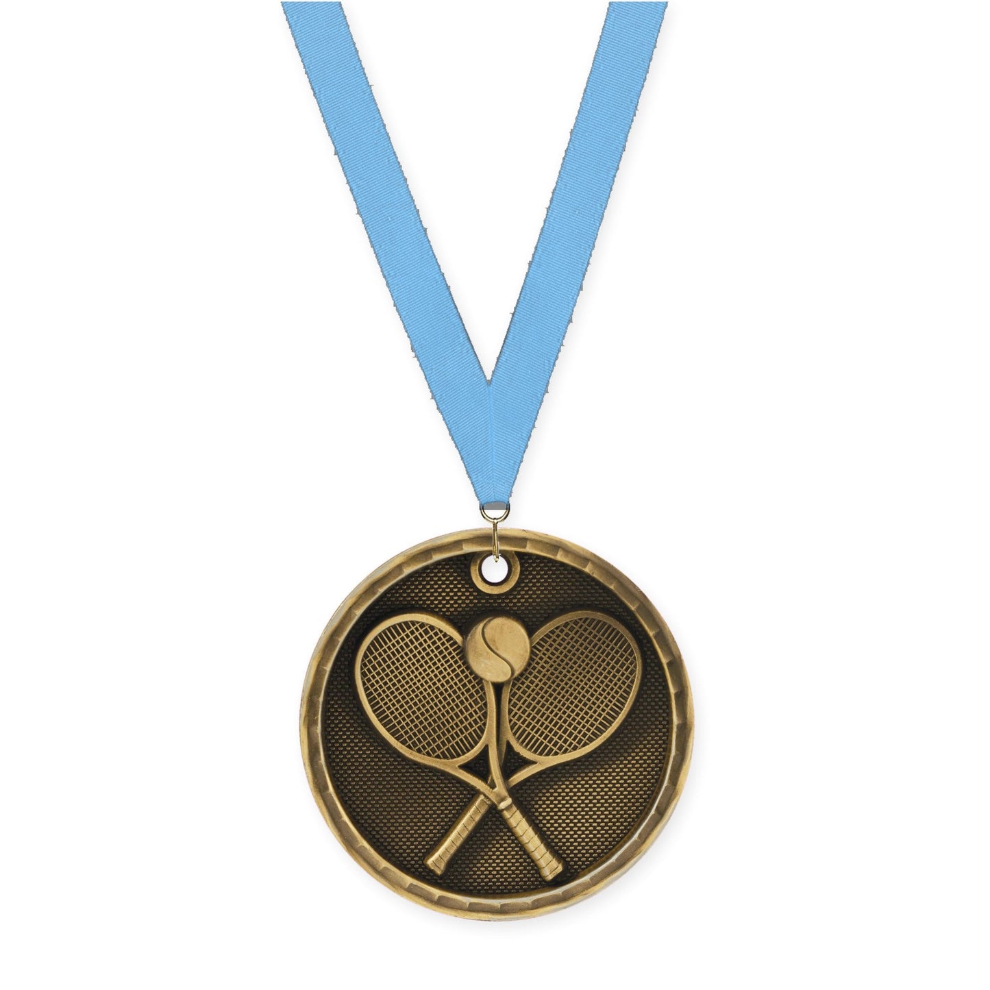 2 inch tennis 3-D medal in antique gold with Light Blue neck ribbon